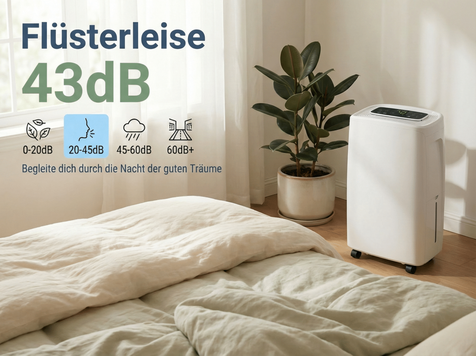 Ein weißer Luftentfeuchter steht neben einem Gummibaum auf dem Boden.