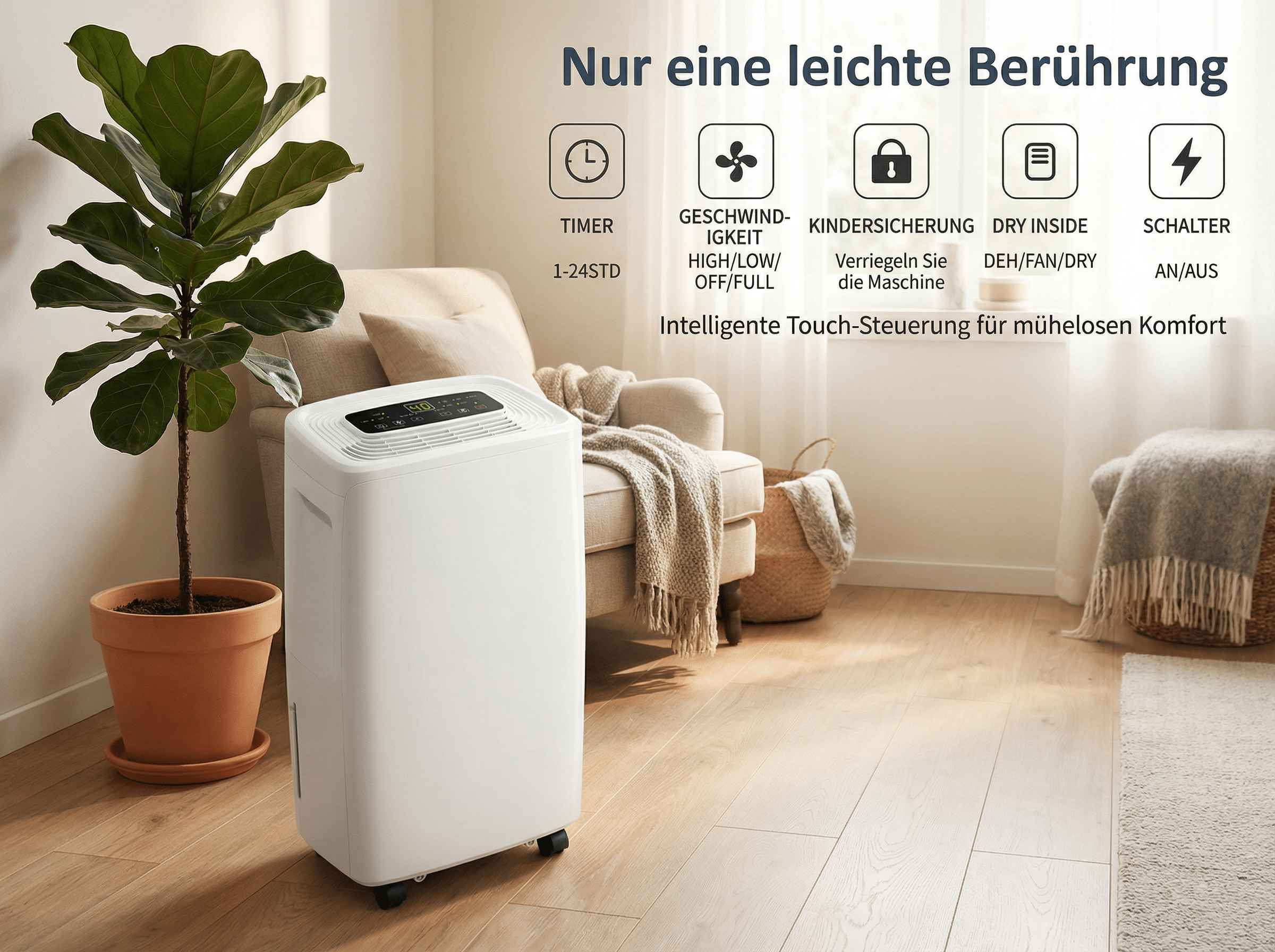 Ein weißer Luftentfeuchter steht neben einer Topfpflanze und einem Sessel.