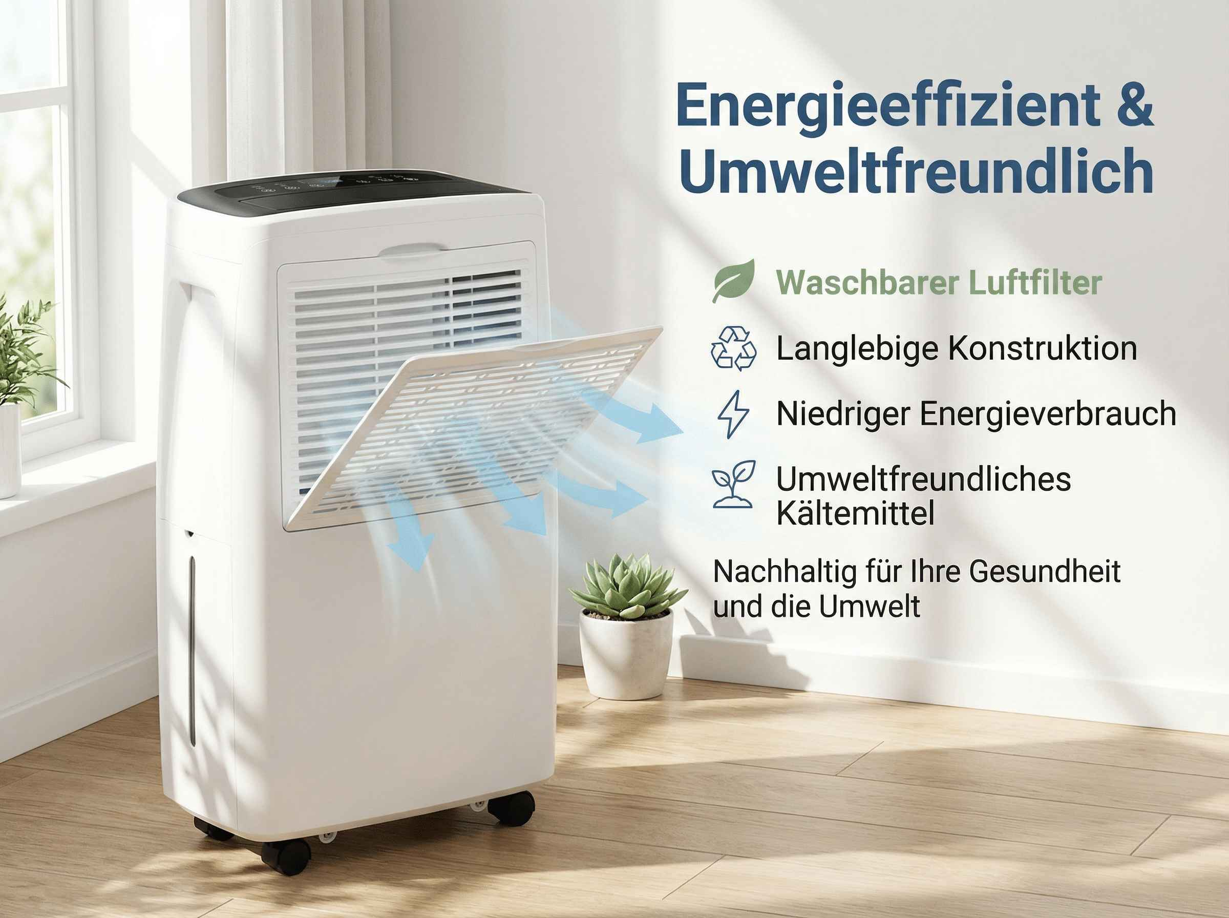 Ein weißer Luftentfeuchter mit aufklappbarem Filter und blauen Pfeilen, die Luftstrom anzeigen.