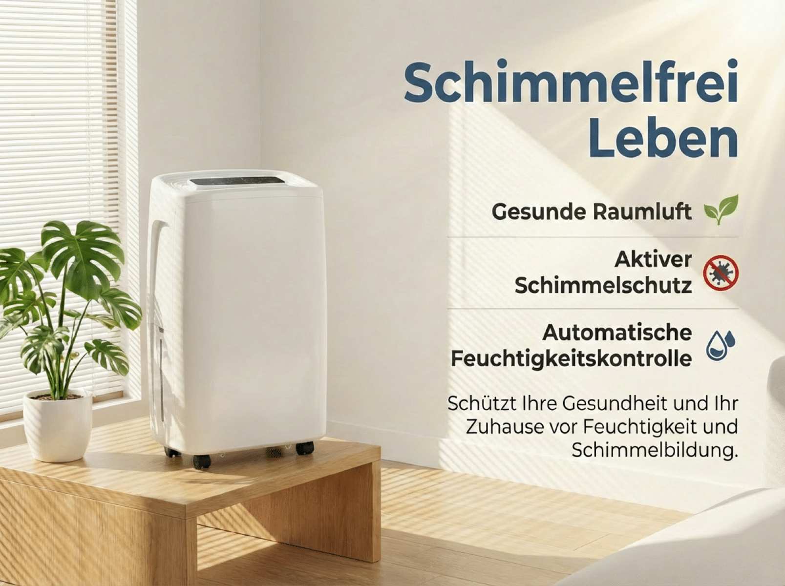 Ein weißer Luftentfeuchter steht neben einer Monstera-Pflanze. Text erklärt Schimmelvermeidung.