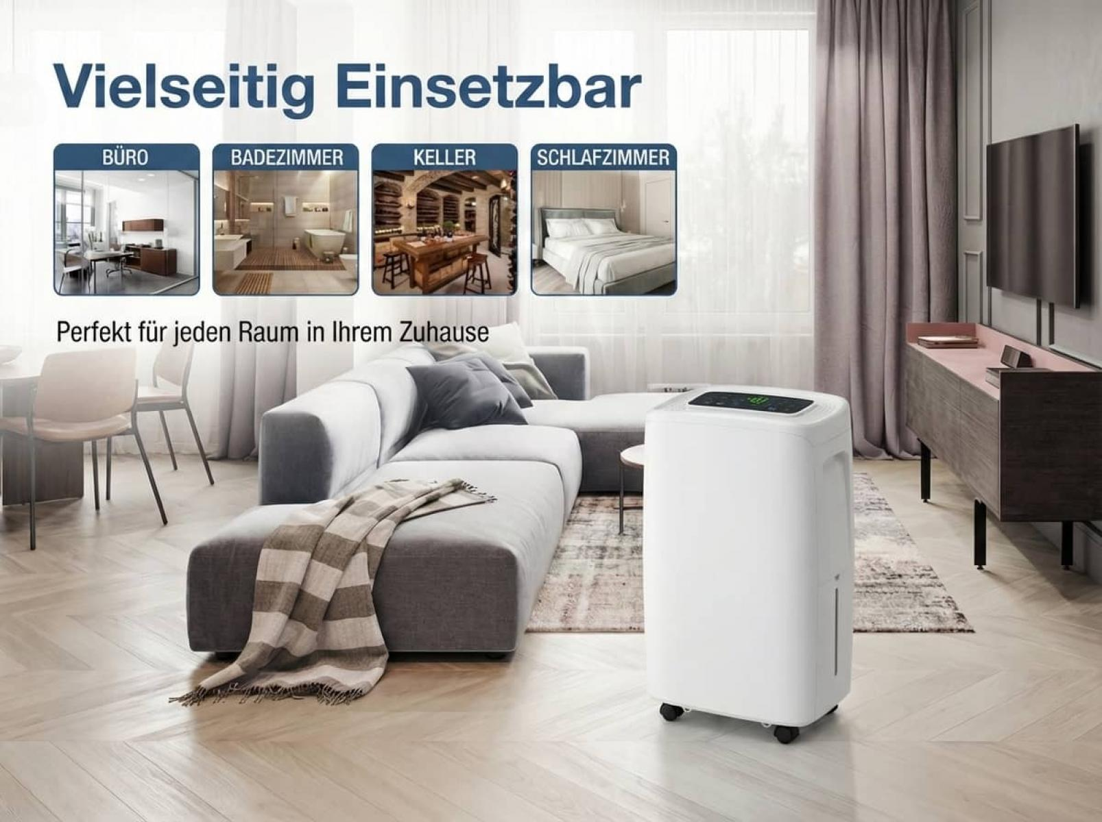 Ein weißer Luftentfeuchter steht neben einem grauen Sofa in einem Wohnzimmer mit Holzboden.