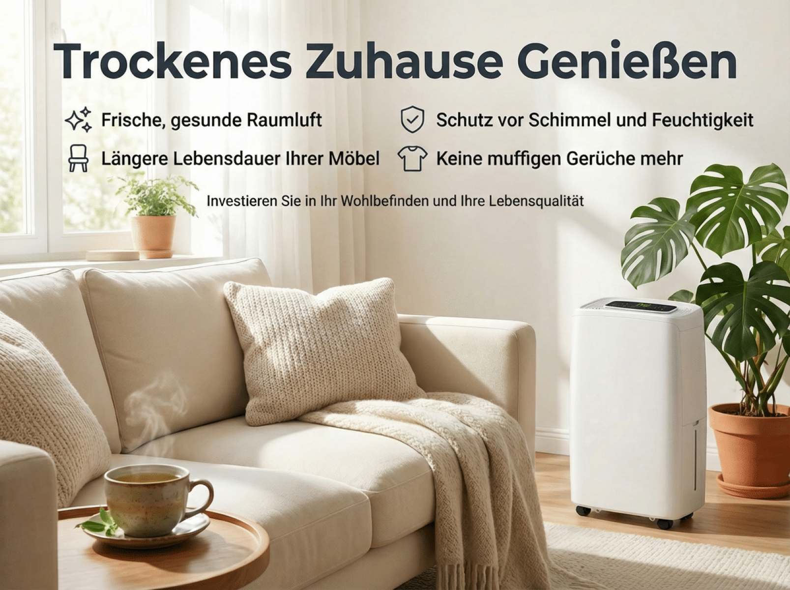 Ein weißer Luftentfeuchter steht neben einer Couch mit Kissen und Decke.