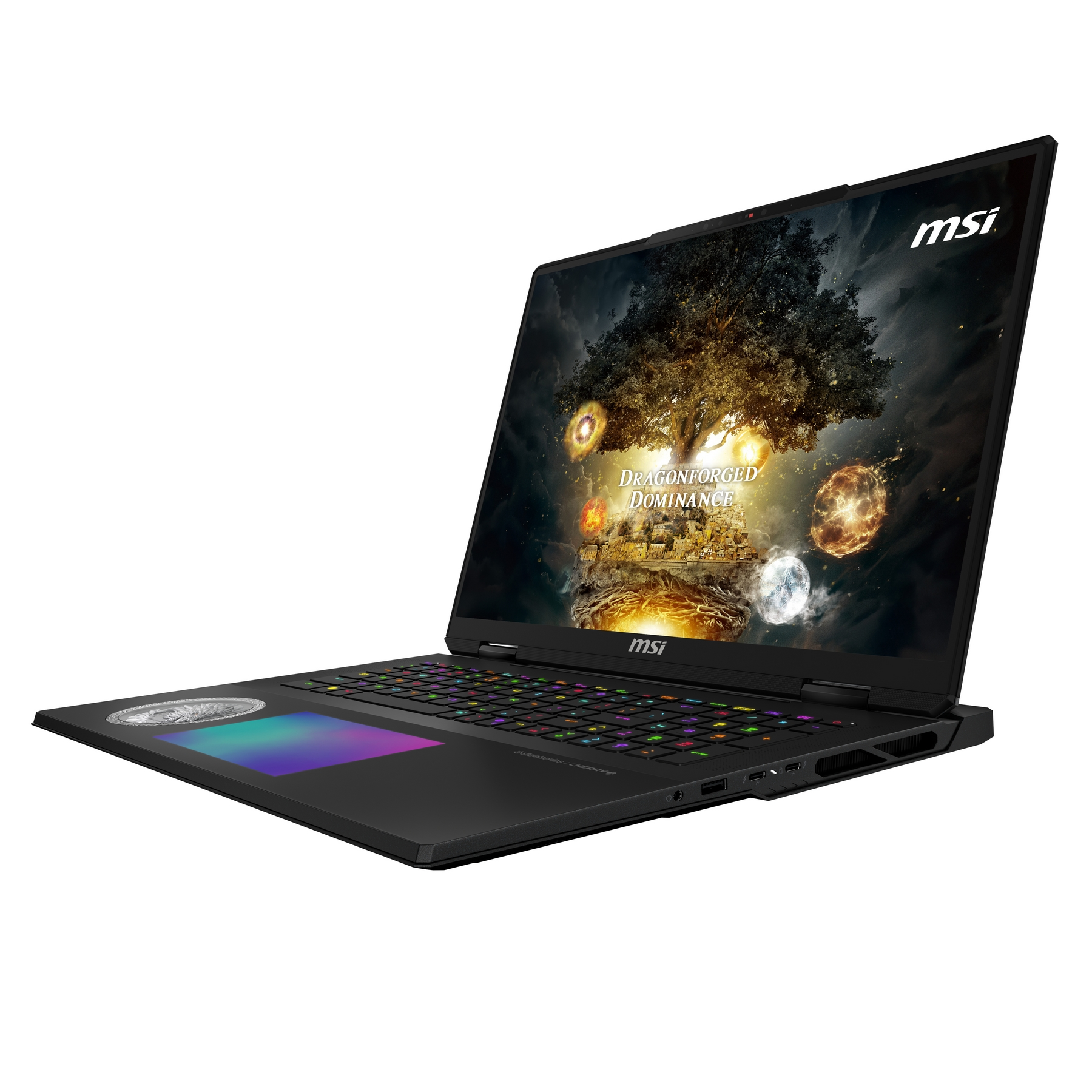 Un laptop MSI nero aperto con tastiera retroilluminata colorata e schermo fantasy.