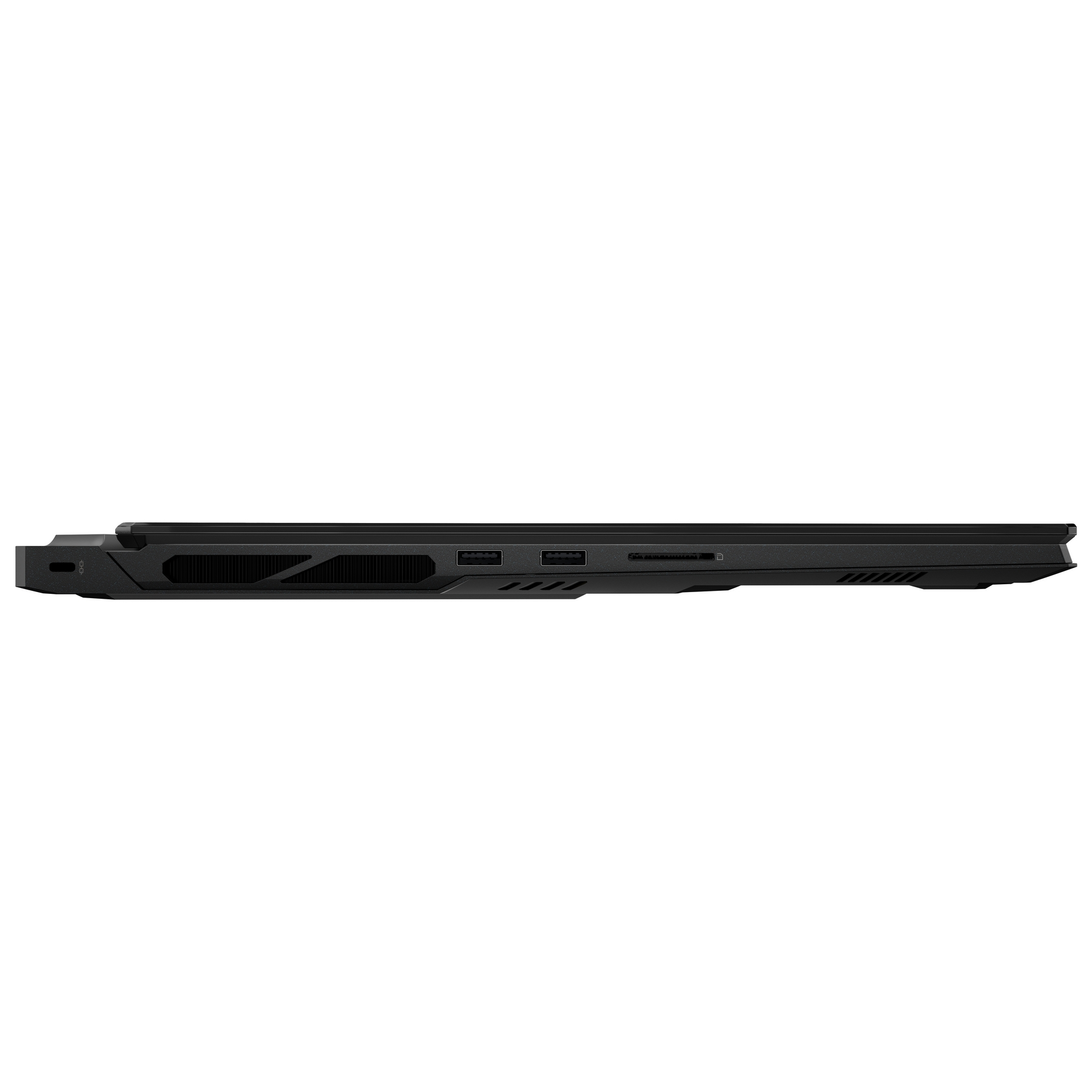 Vista laterale di un laptop nero con prese d'aria, porte USB e lettore di schede SD.