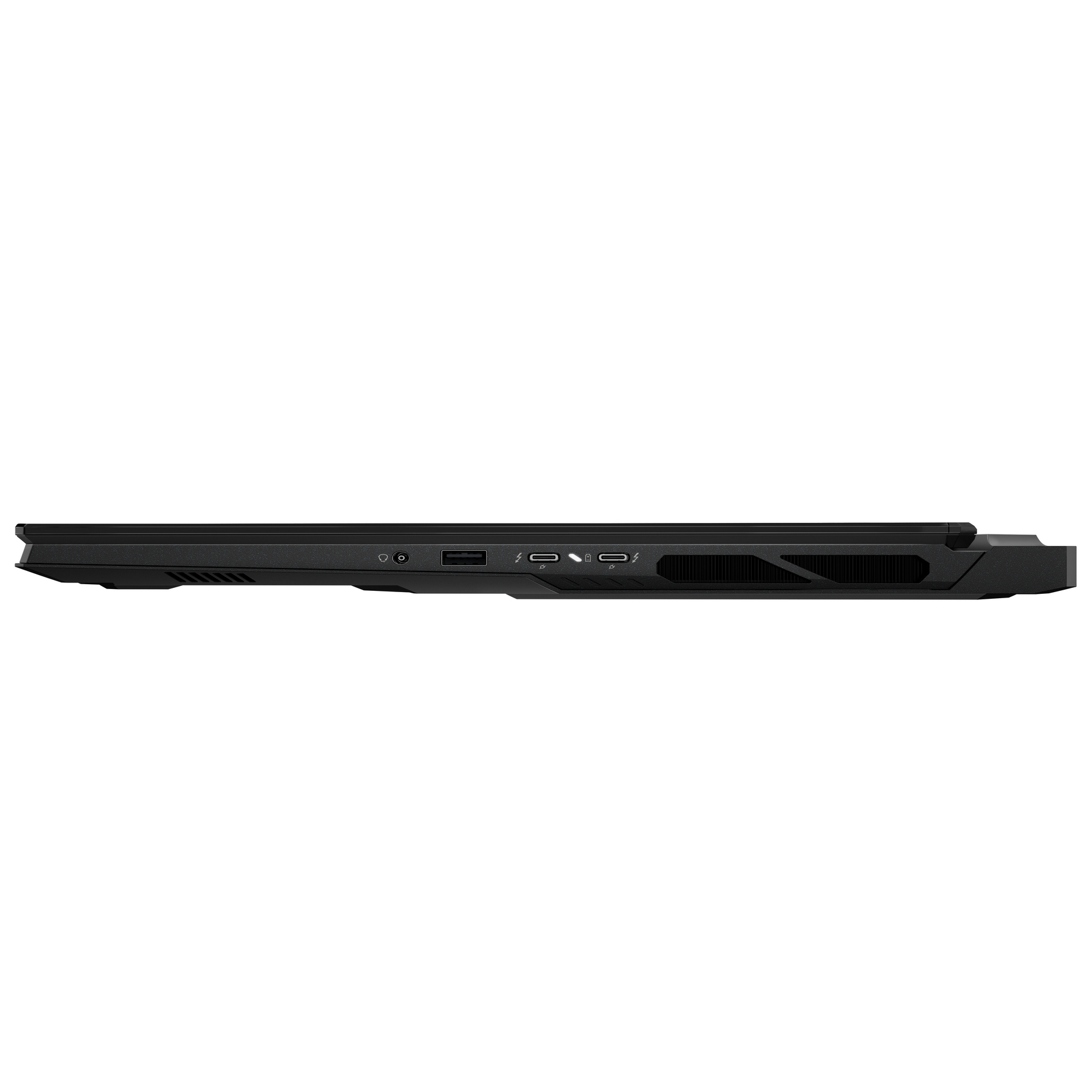 Lato laptop nero con porte: USB-A, 2x Thunderbolt, jack audio.