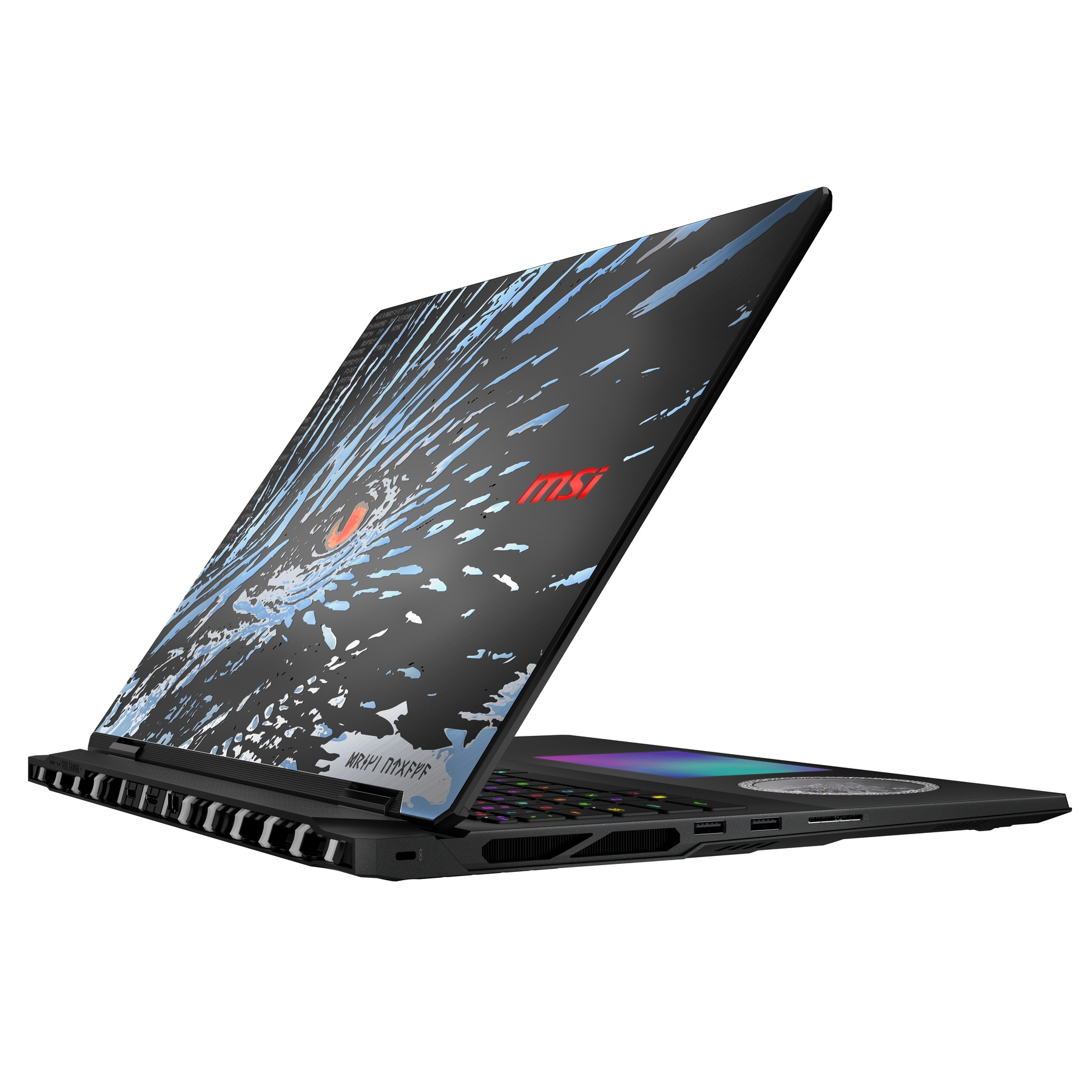 Un laptop nero con un occhio misterioso sul coperchio e accenti blu.