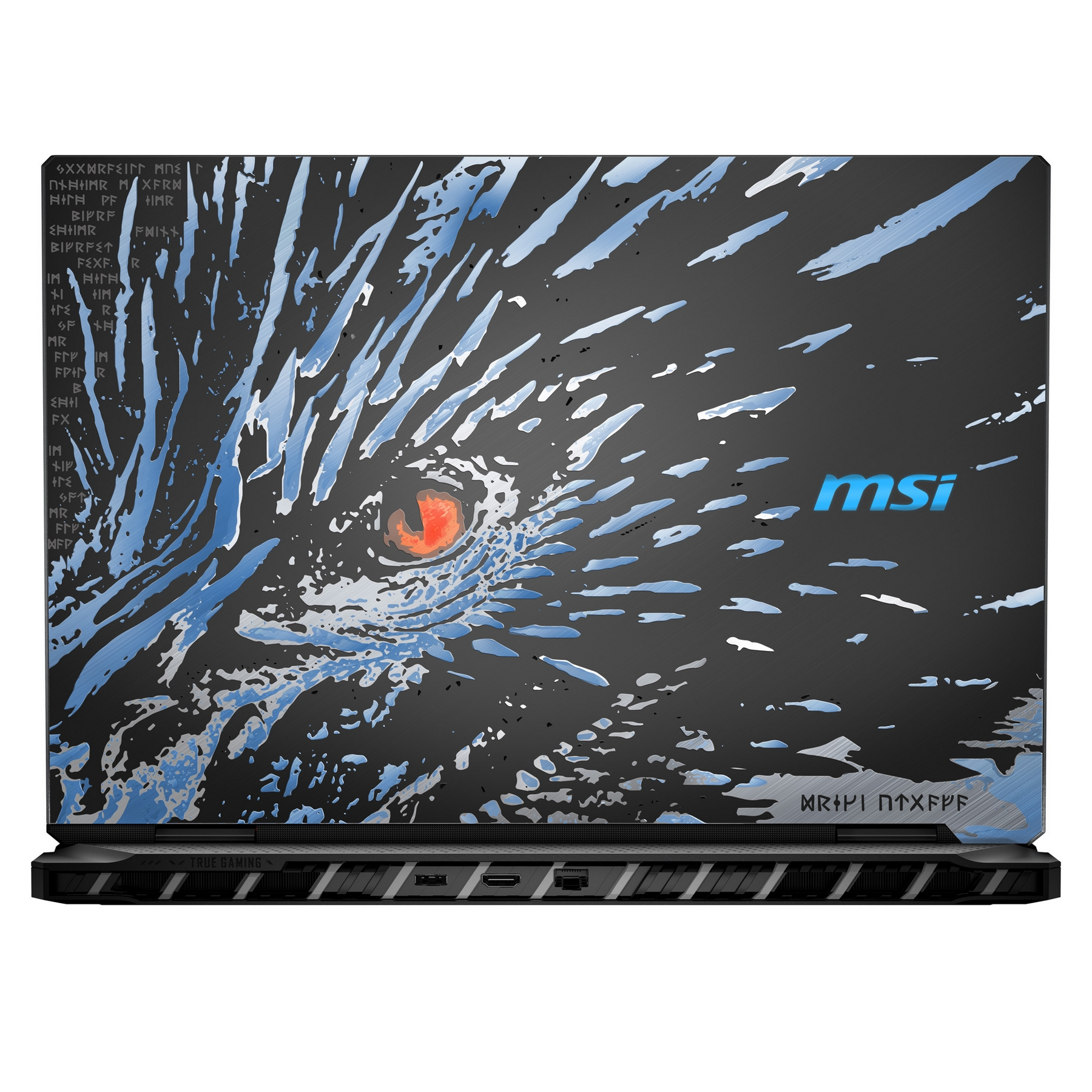 Un coperchio per laptop con un occhio di drago stilizzato e schizzi blu.