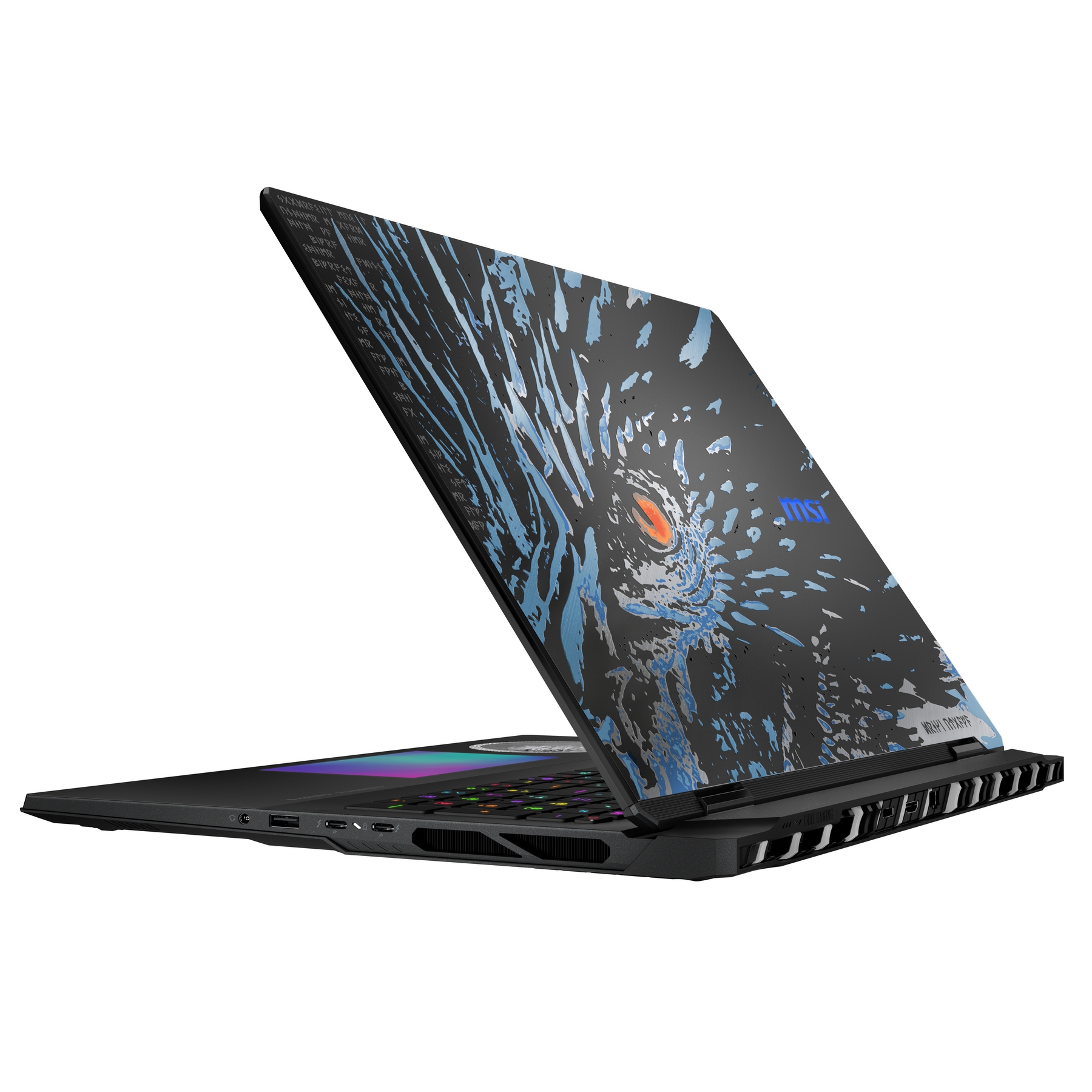 Un laptop nero con design a occhio e strisce blu sul coperchio.