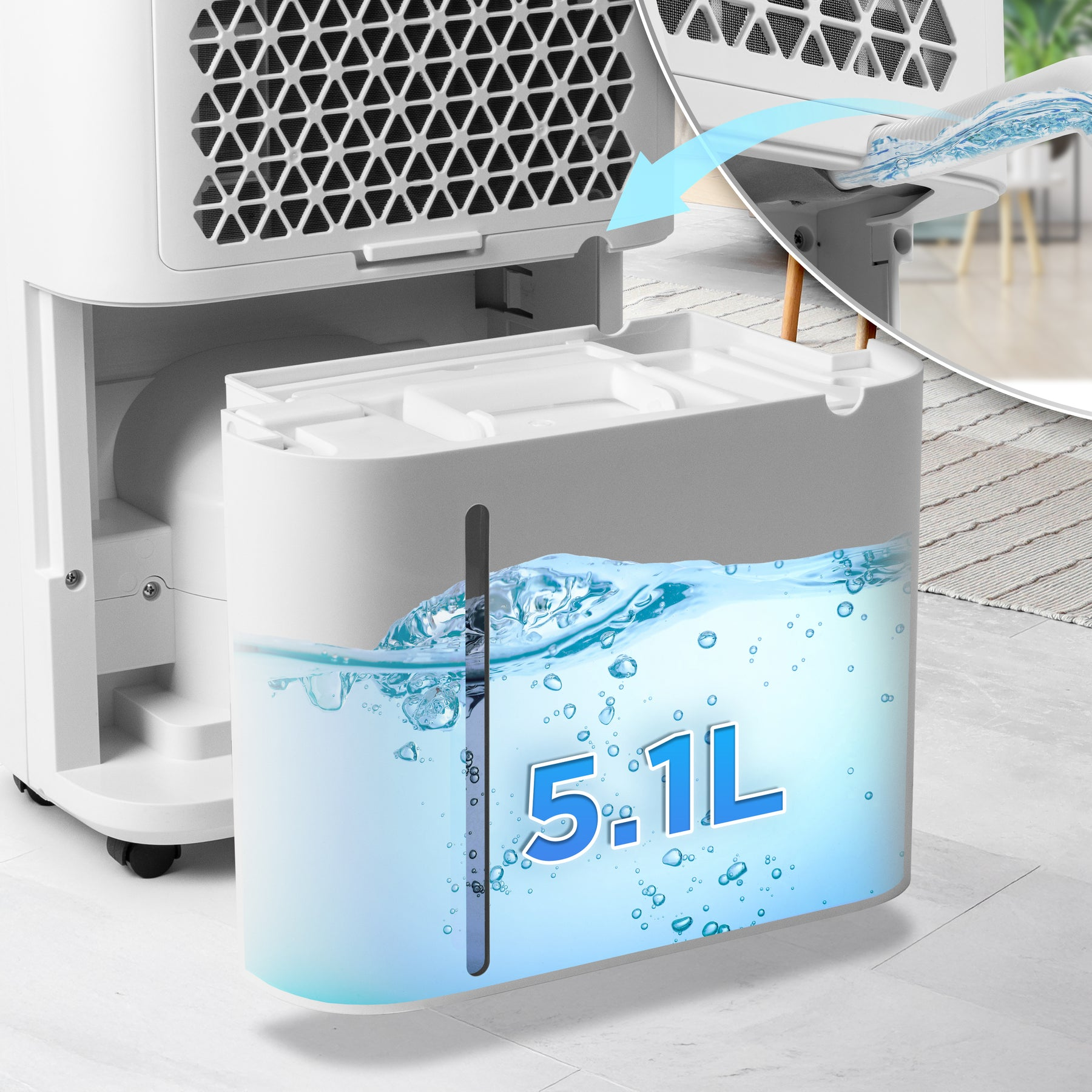 Ein weißer Luftentfeuchter mit einem sichtbaren 5,1L Wassertank, gefüllt mit Wasser.