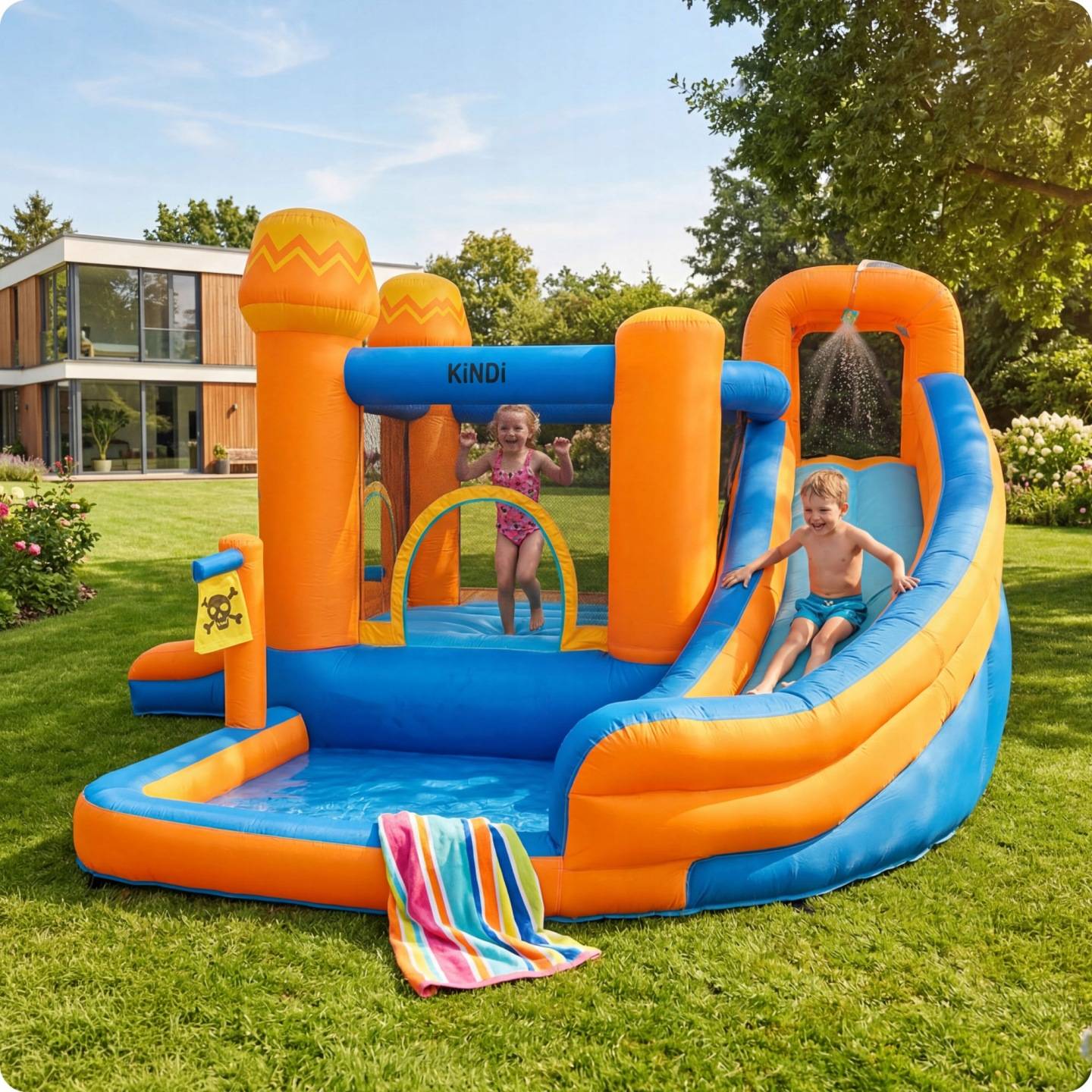 Aufblasbare Wasserrutsche mit Kindern im Garten. Ein Junge rutscht, ein Mädchen springt.