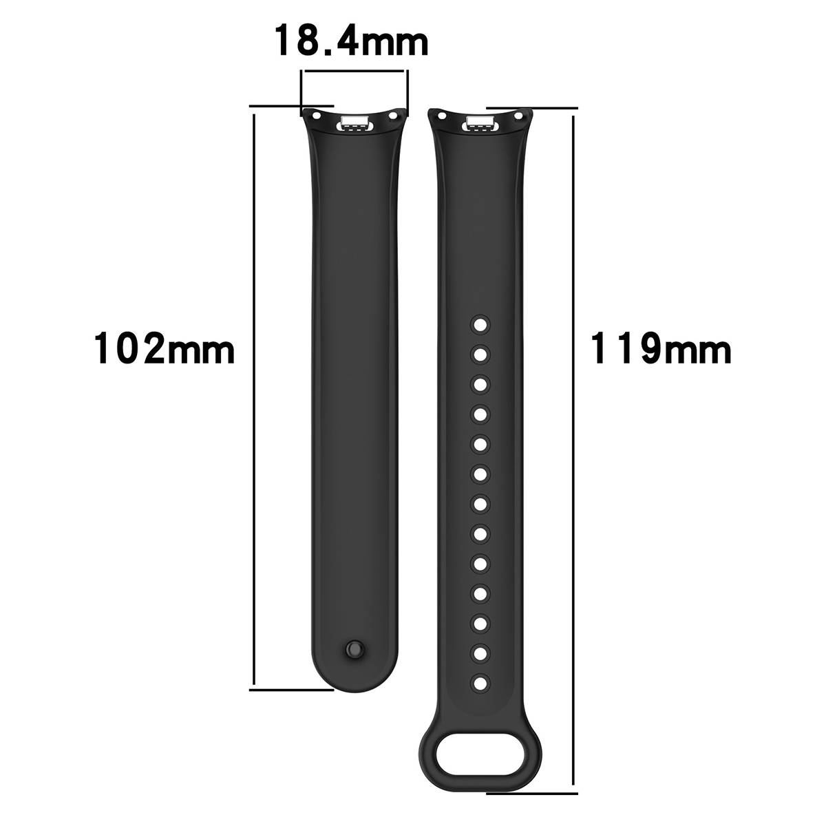 Zwei schwarze Uhrenarmbänder mit Größenangaben: 102mm, 119mm, 18.4mm.