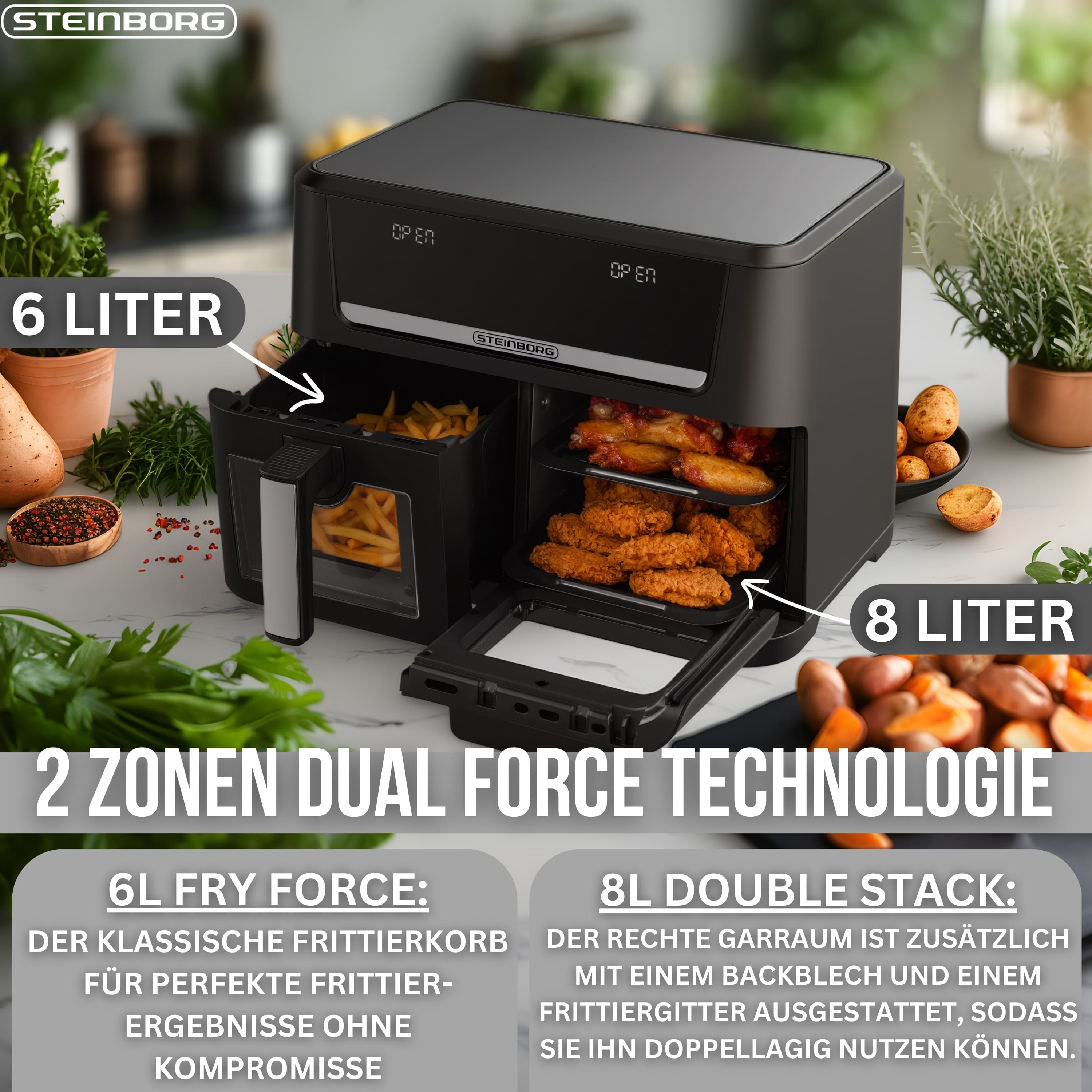 Ein schwarzer Steinborg Heißluftfritteuse mit zwei Zonen, gefüllt mit Pommes, Hähnchen und Flügeln.