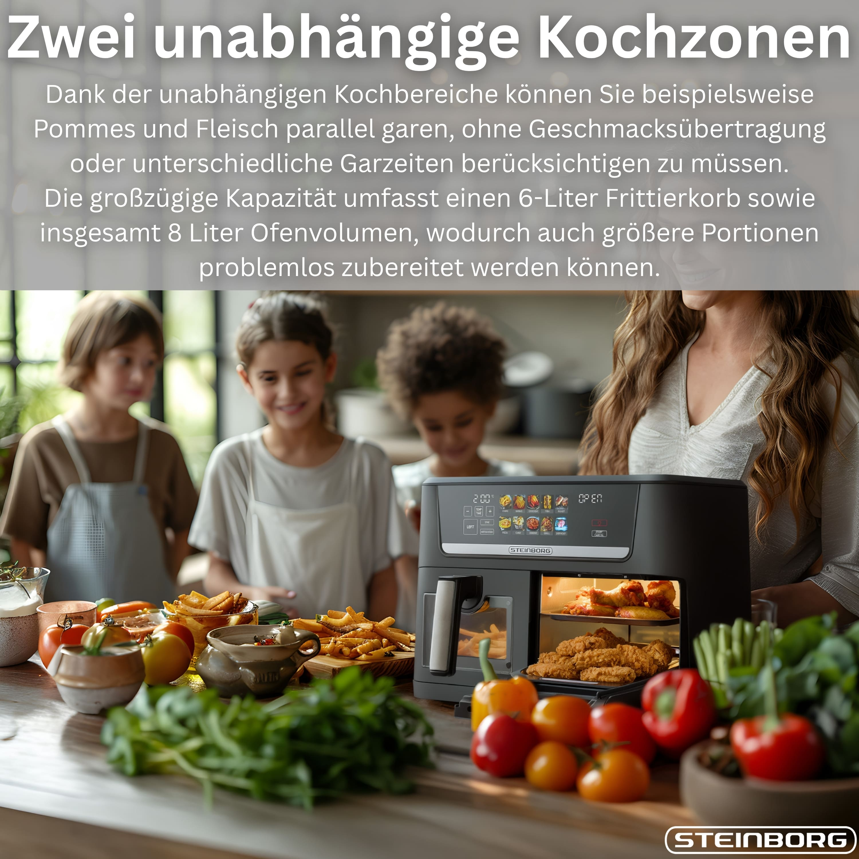 Ein Airfryer mit zwei Kochzonen, daneben Kinder und eine Frau, sowie frisches Essen.