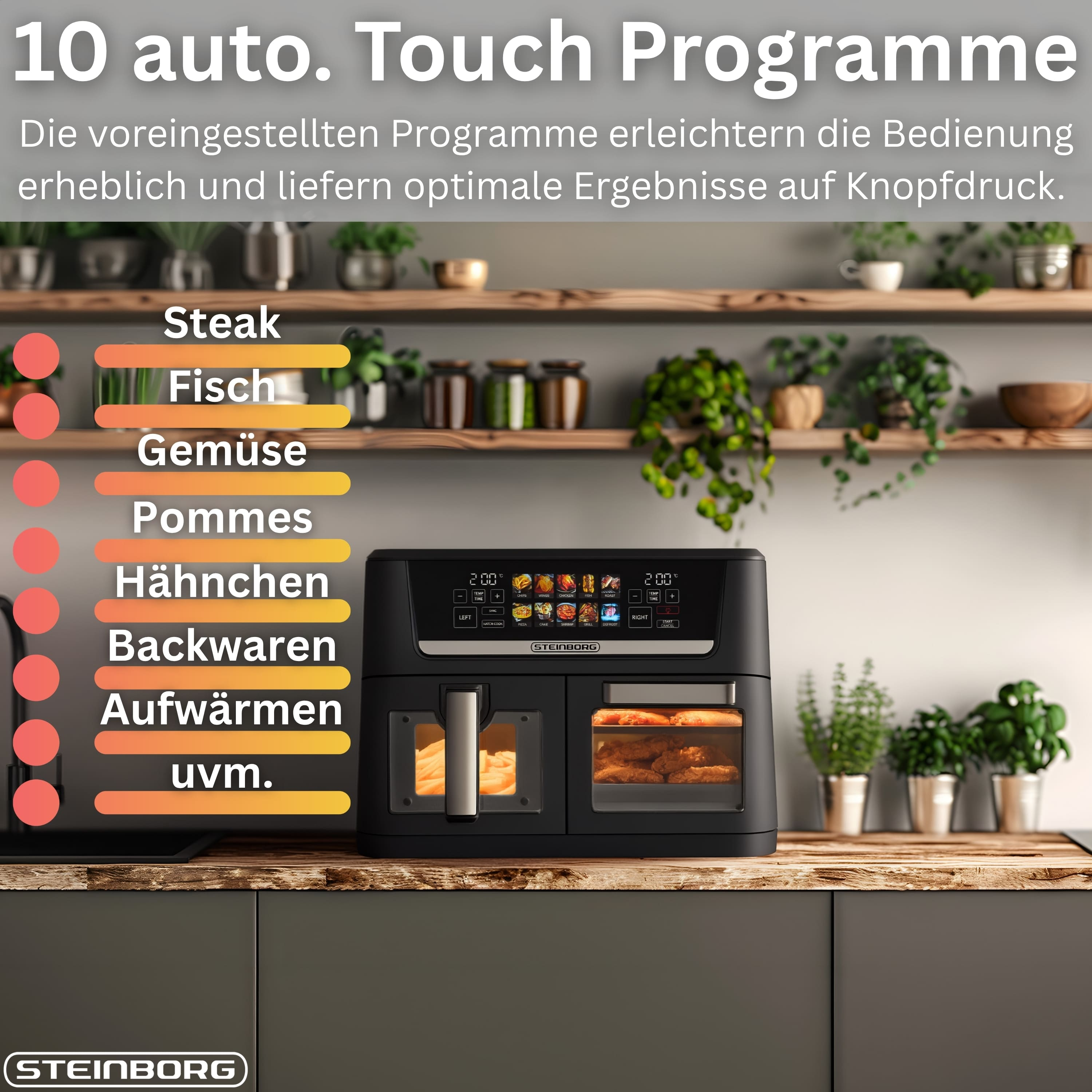 Ein schwarzer Steinborg Heißluftfritteuse mit Touch-Display und Kochprogrammen. Links Pommes, rechts Hähnchen.