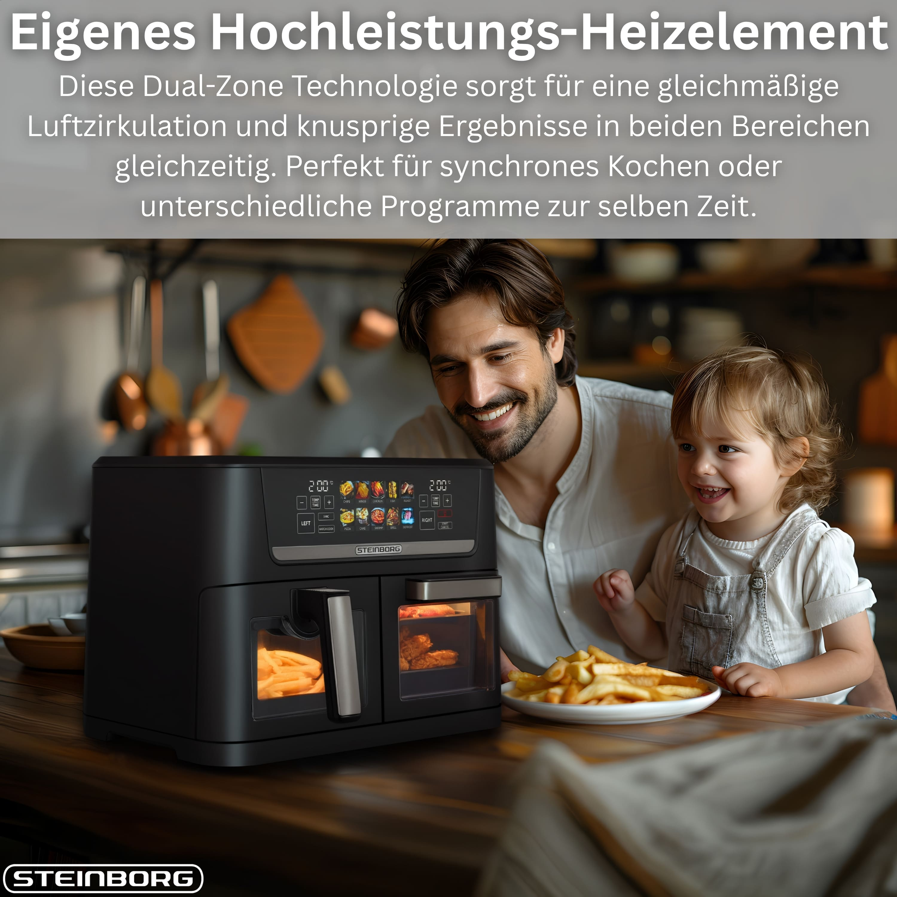 Ein Mann und ein Kind schauen auf einen schwarzen Doppel-Heißluftfritteuse mit Pommes.
