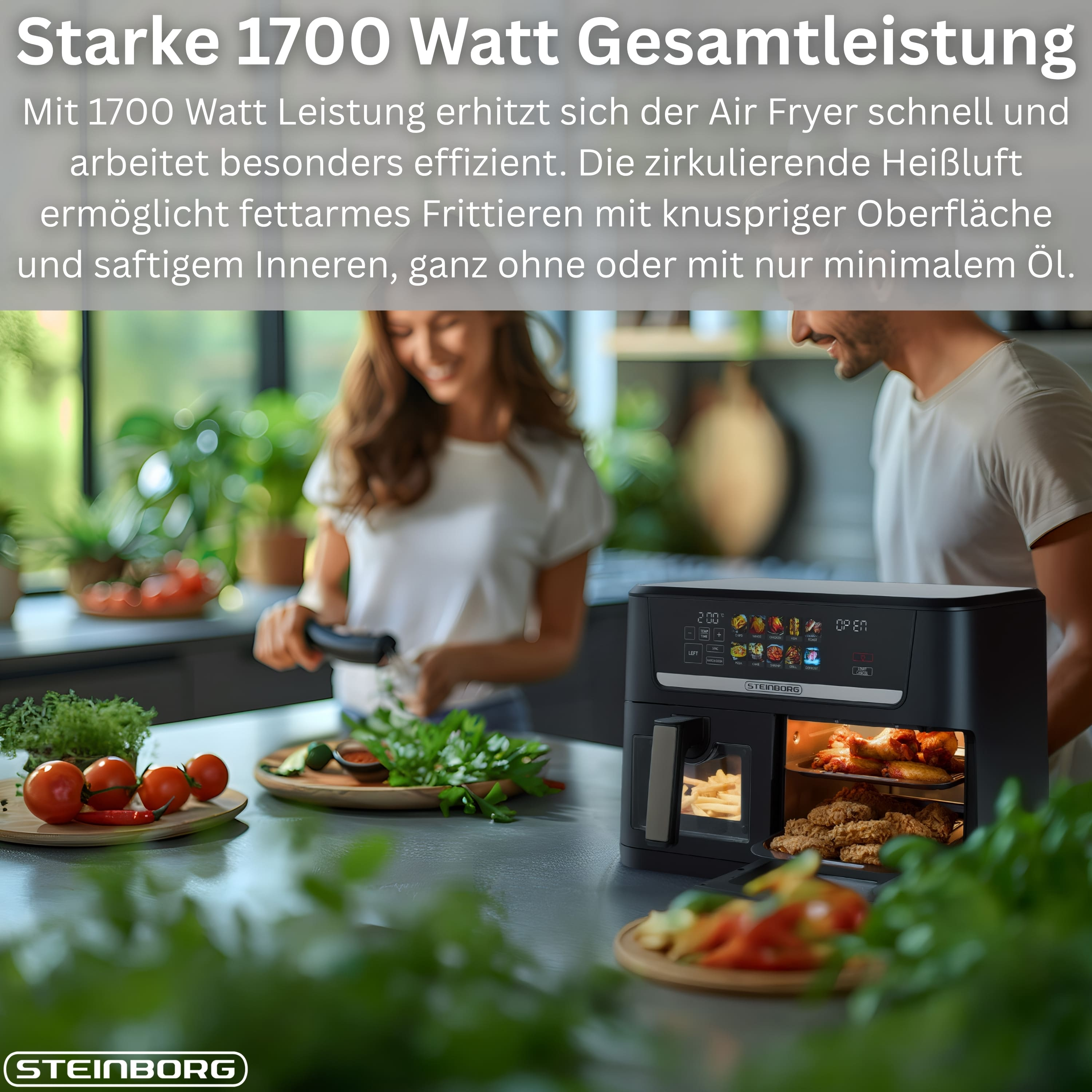 Ein Mann und eine Frau bereiten Essen zu, daneben ein Air Fryer mit Essen.