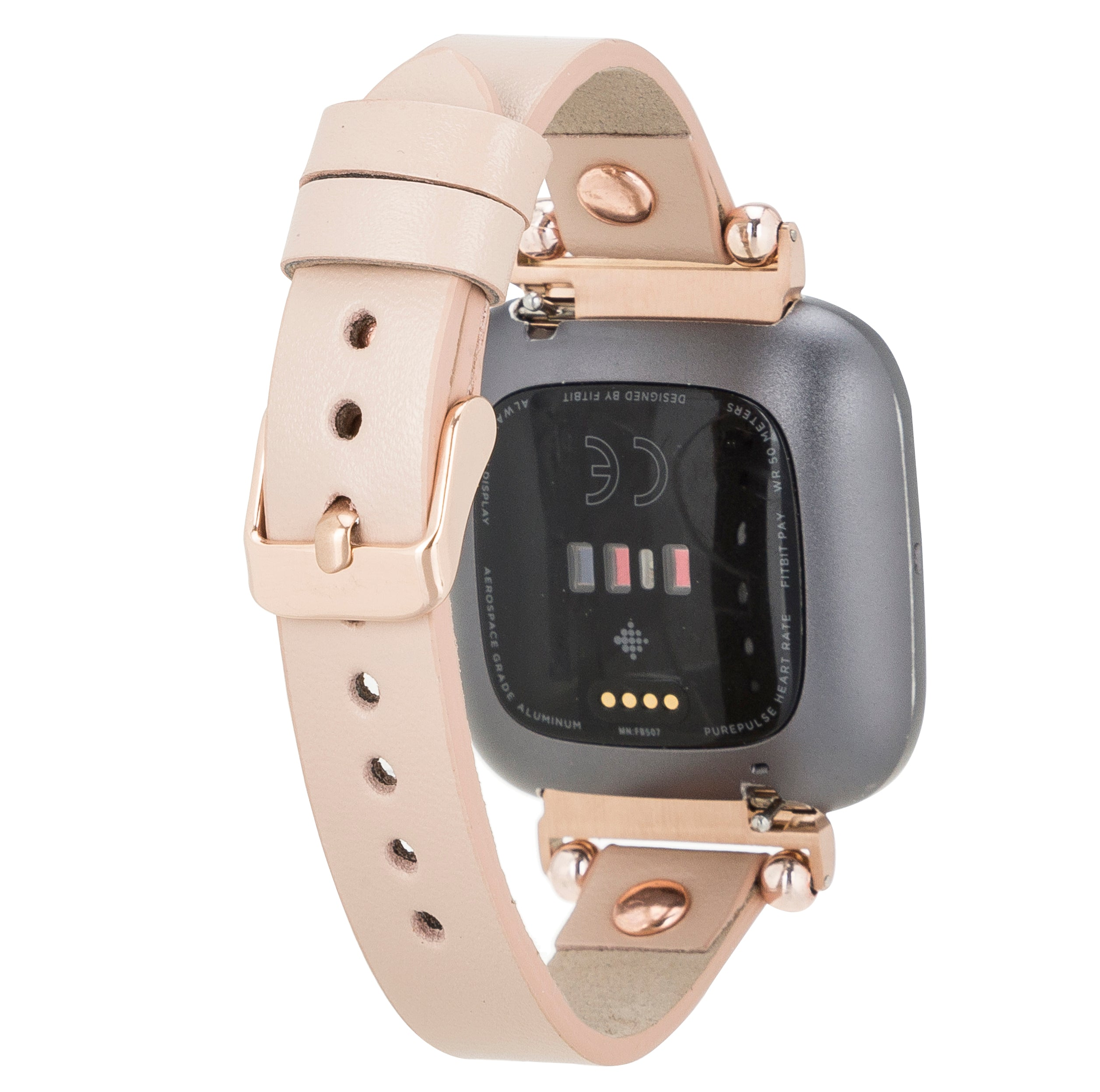 Açık renk deri kayışlı ve rose gold aksanlı fitness saatinin arka yüzü.