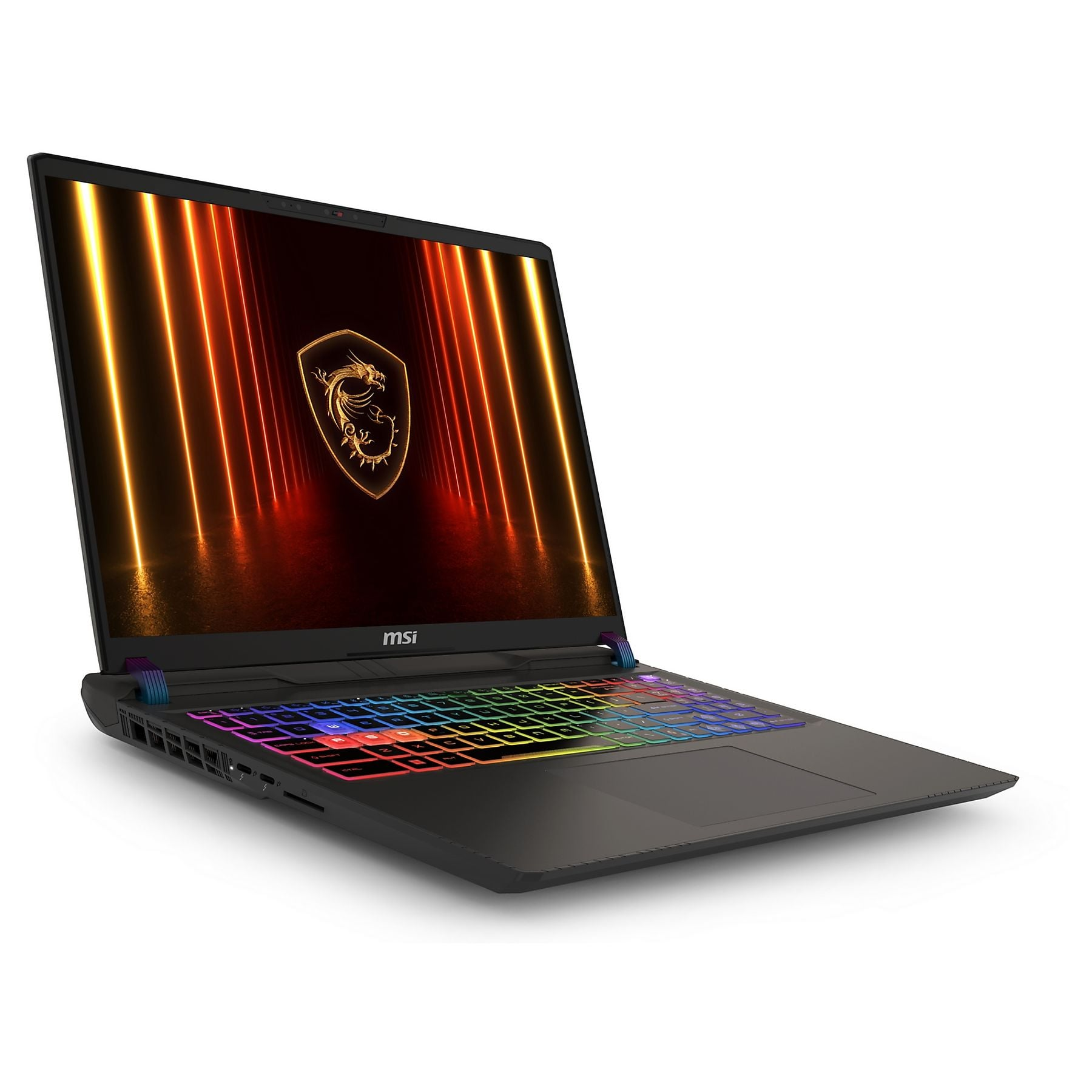 Laptop MSI nero con tastiera illuminata e logo drago sullo schermo.