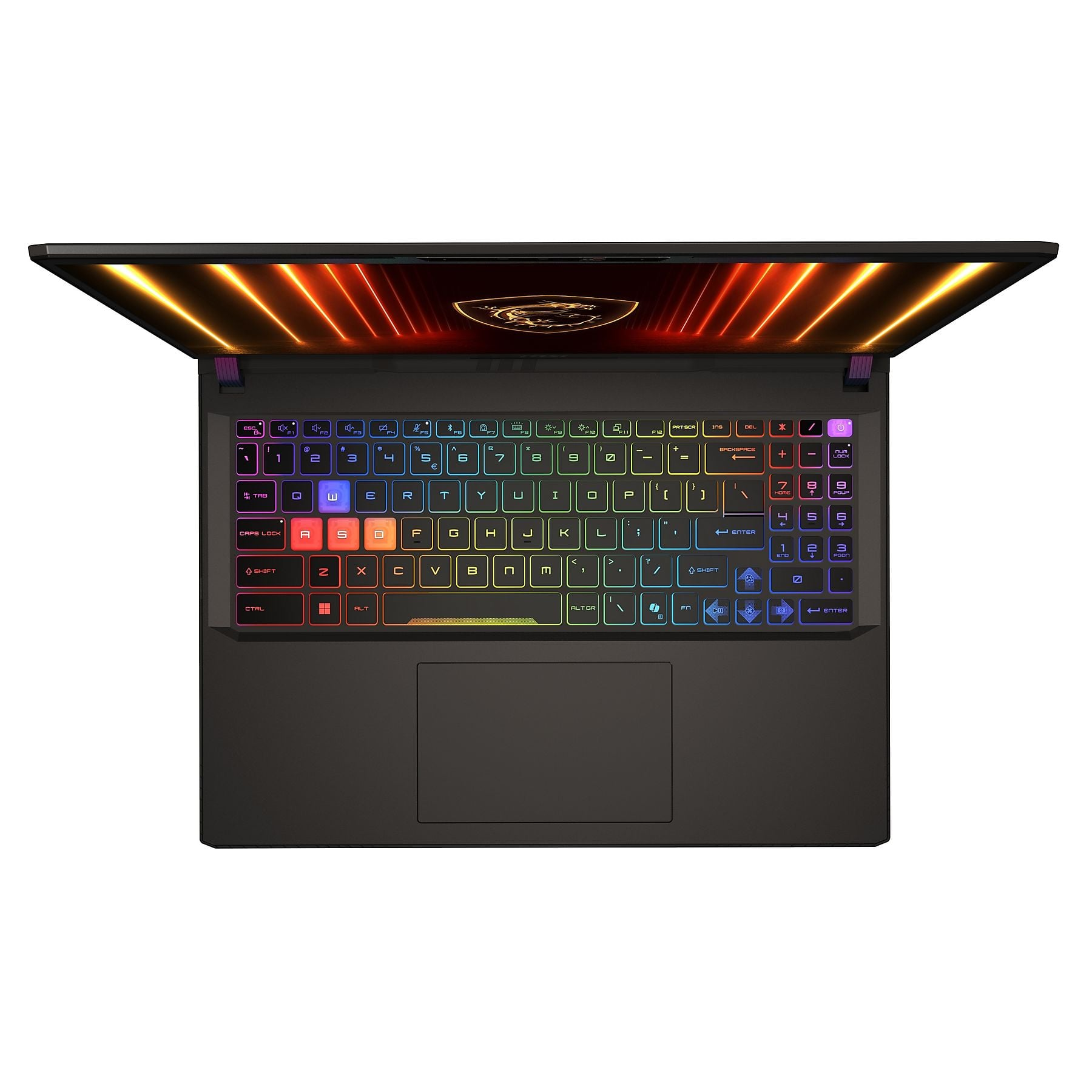 Un laptop nero aperto con tastiera retroilluminata e logo MSI sullo schermo.