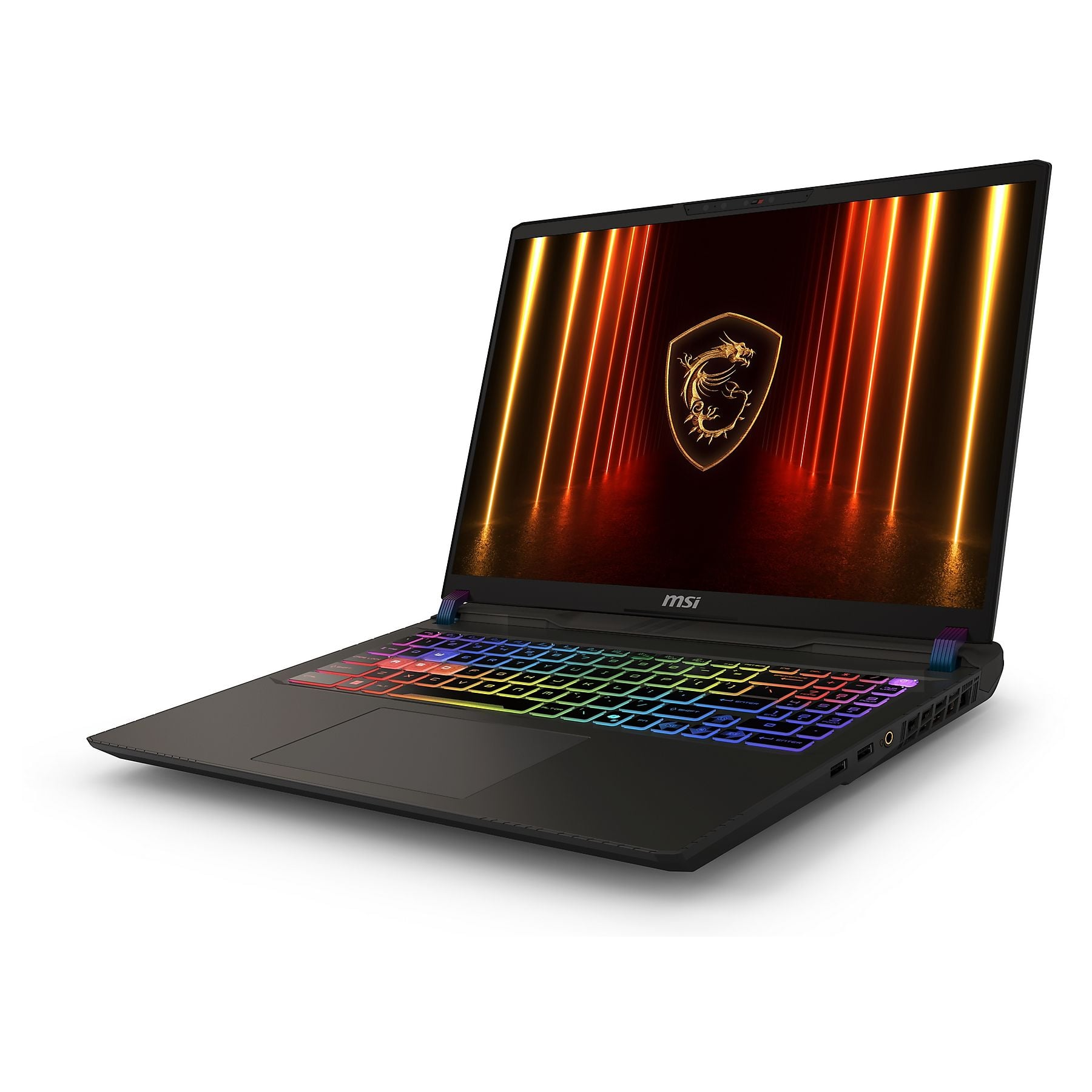Un laptop MSI nero aperto con tastiera retroilluminata e logo drago sullo schermo.