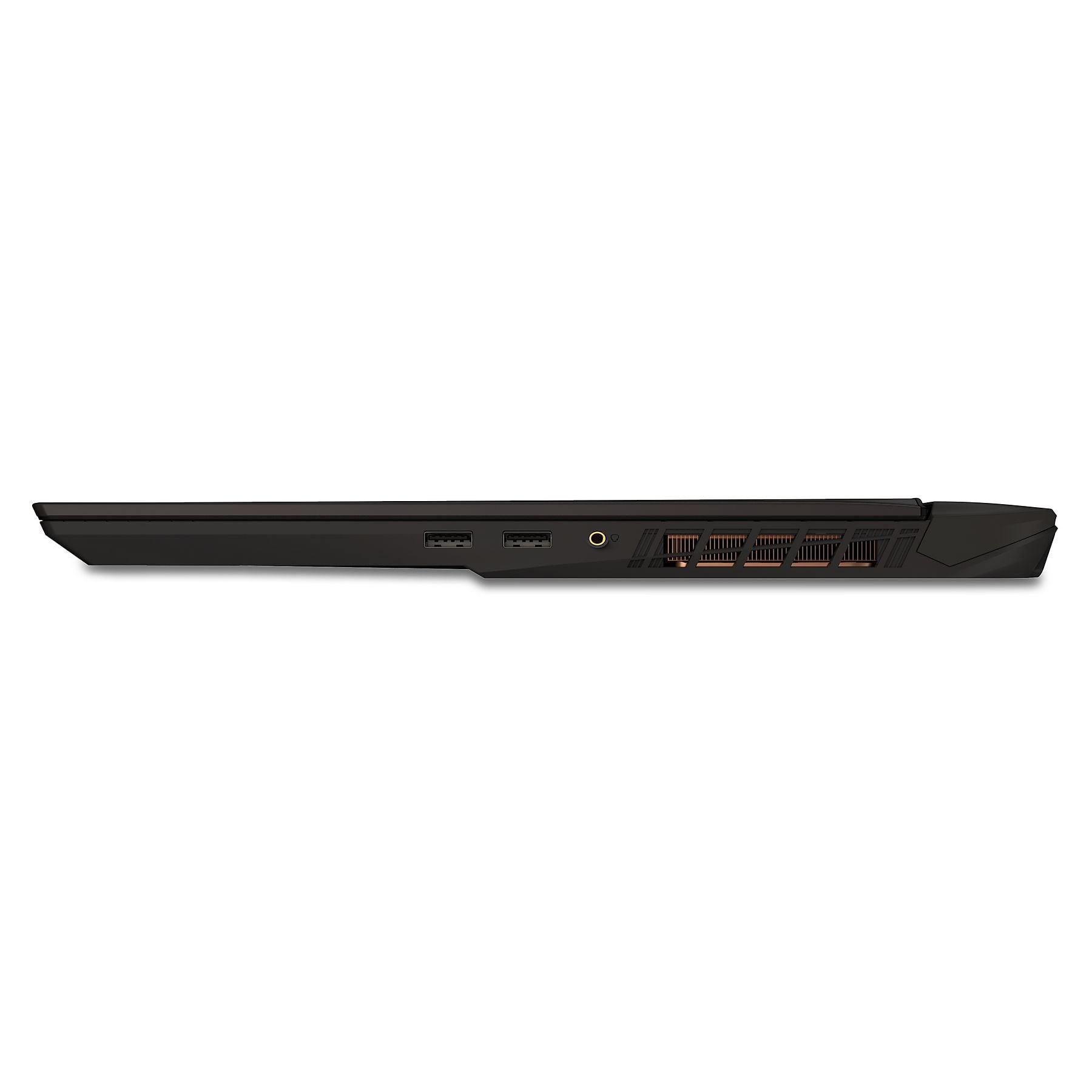 Vista laterale di un laptop nero con porte e griglie di ventilazione.