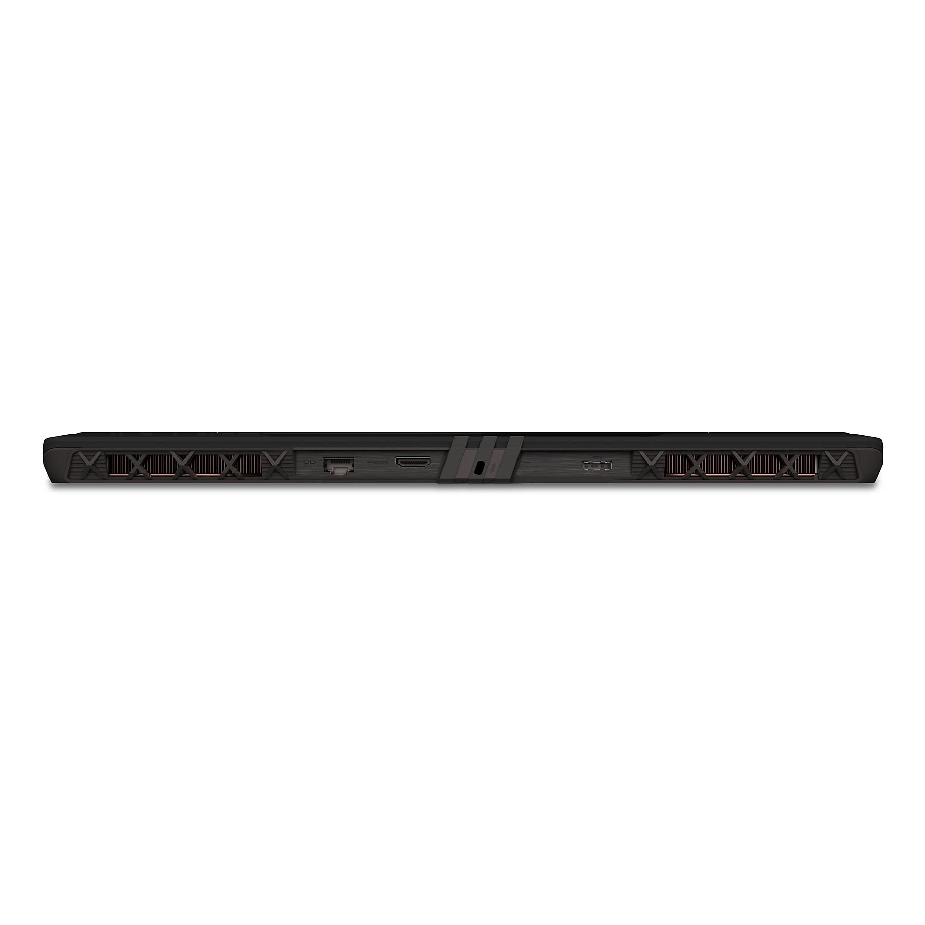 Laptop nero con prese d'aria e porte sul lato.