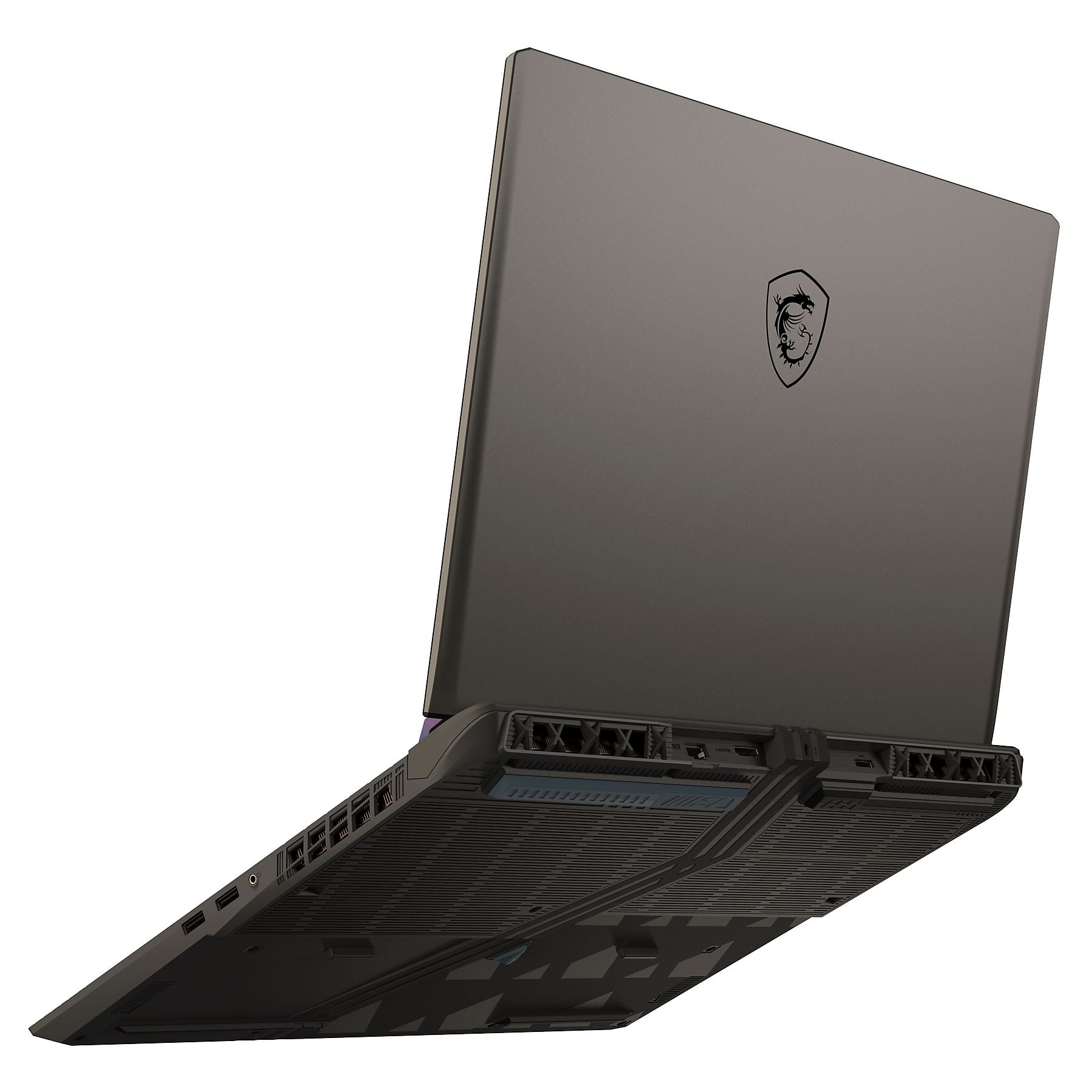 Laptop grigio scuro con coperchio aperto, logo MSI in alto, porte sul lato.