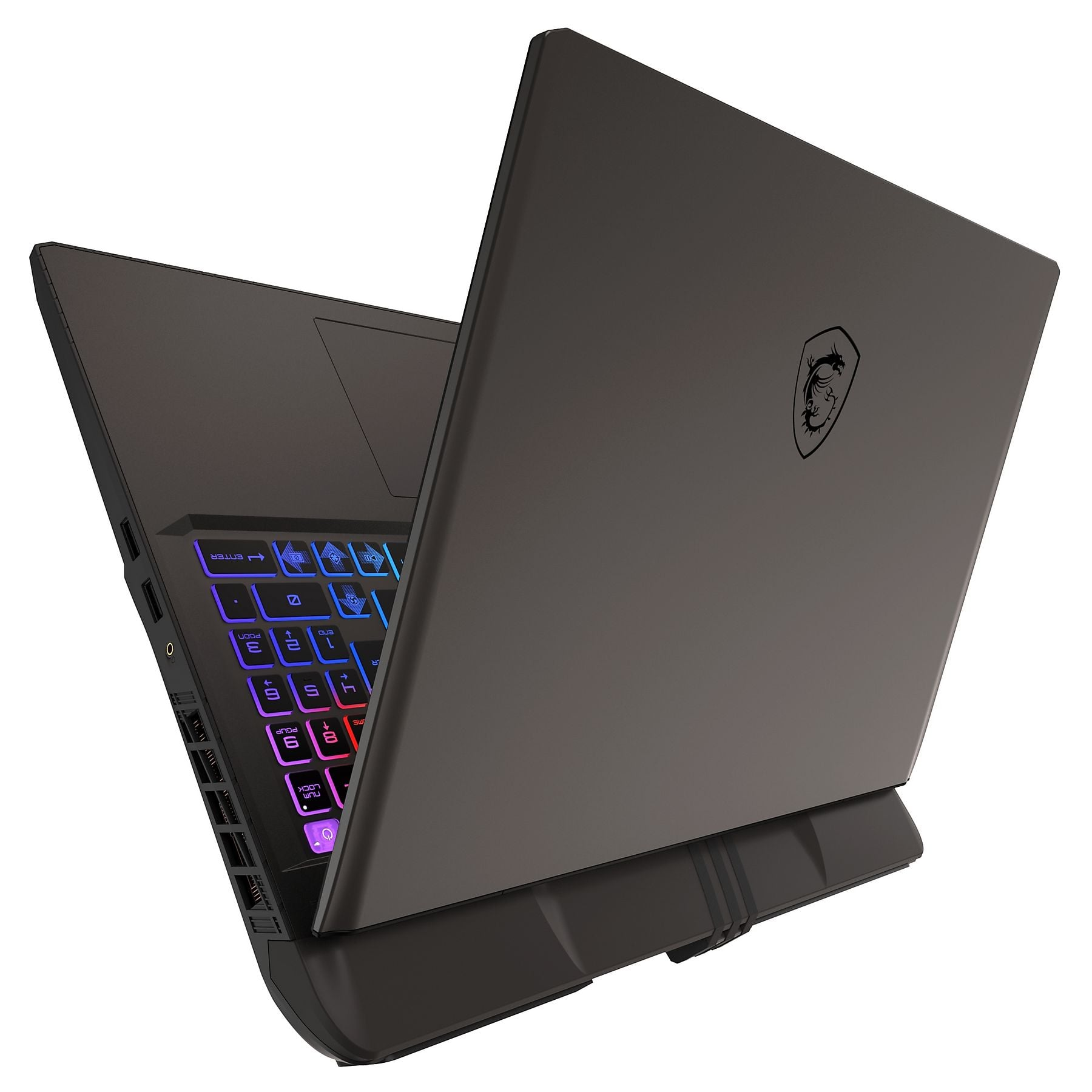 Un laptop MSI scuro con tastiera retroilluminata e logo del drago.