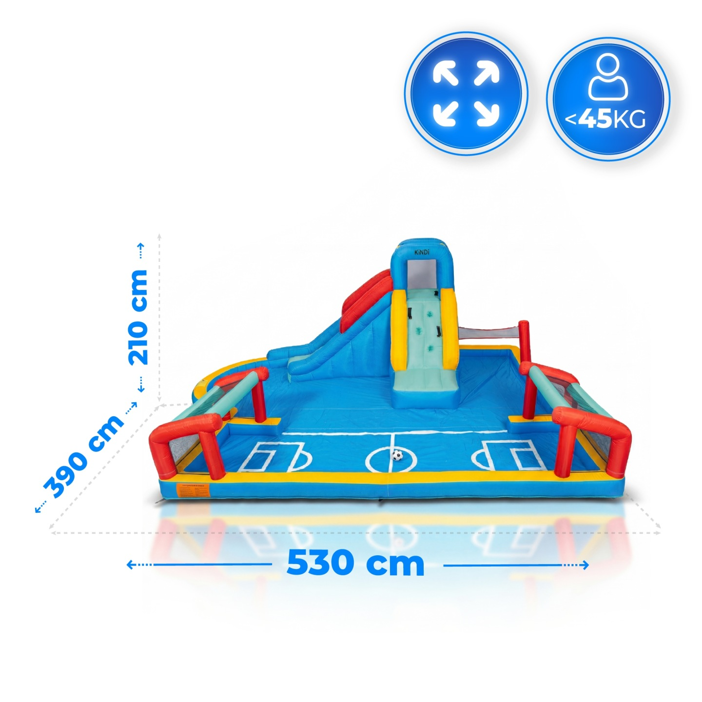 Aufblasbarer Fußballspielplatz mit Rutsche, Maße 530x390x210cm.