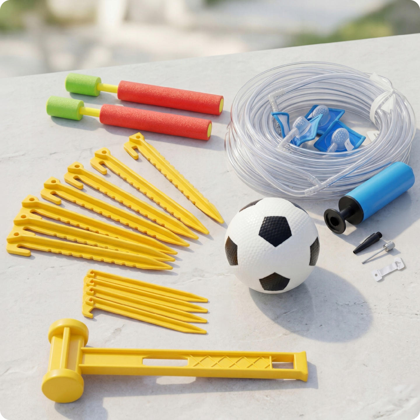 Fußballset mit Heringen, Hammer, Ballpumpe, Blasrohren und Schnur.