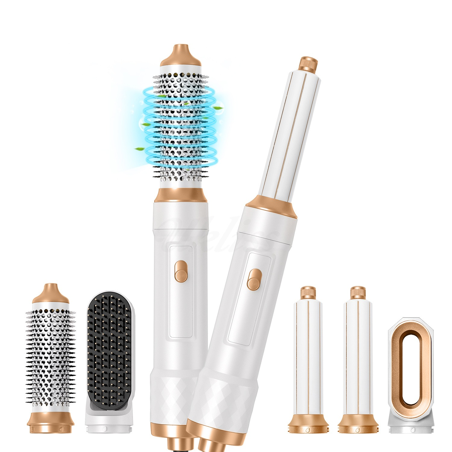 Un styler per capelli bianco e oro con più accessori, tra cui una spazzola rotonda.