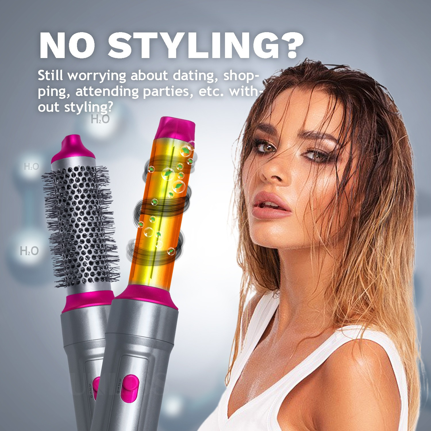 Il viso di una donna con i capelli bagnati accanto a strumenti per lo styling. Testo: NIENTE STYLING?