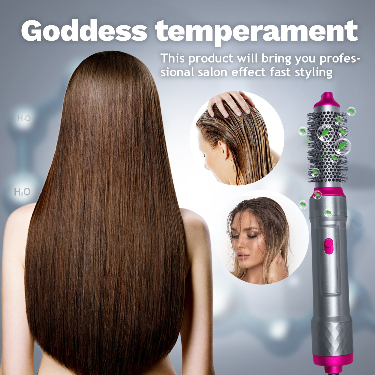 Lunghi capelli castani di una donna, strumento per lo styling e donne con capelli bagnati.