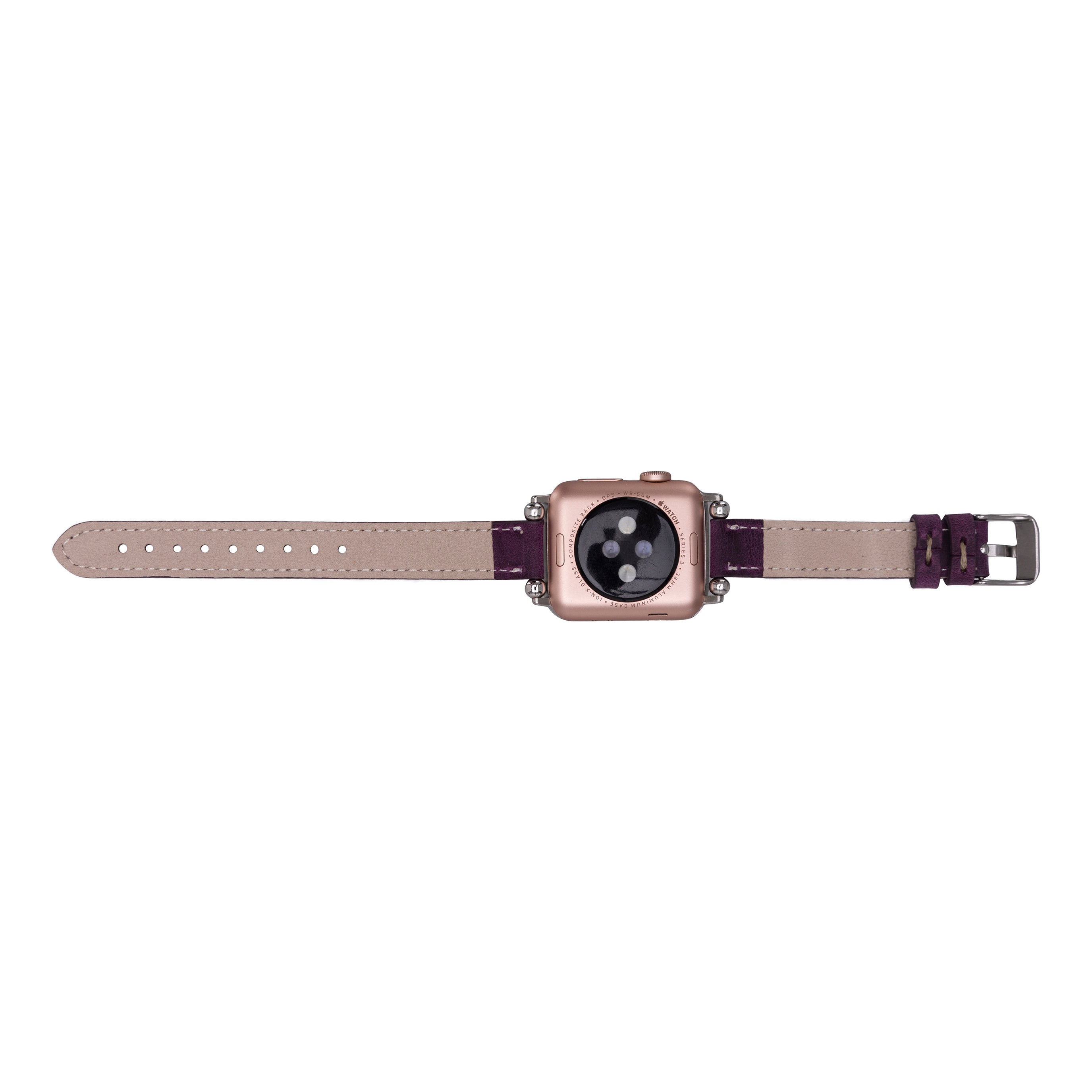 Koyu deri kordonlu, rose altın rengi Apple Watch kasası.