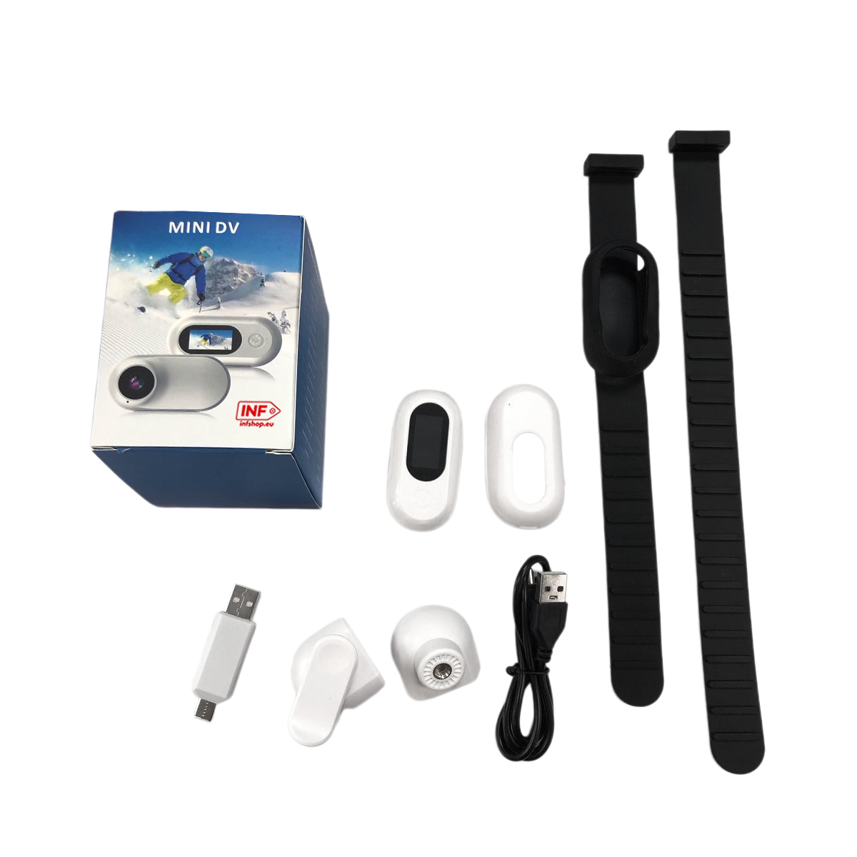 Mini-DV-Kamera-Zubehör: Box, Kameras, Kabel, Halterungen, Armbänder.