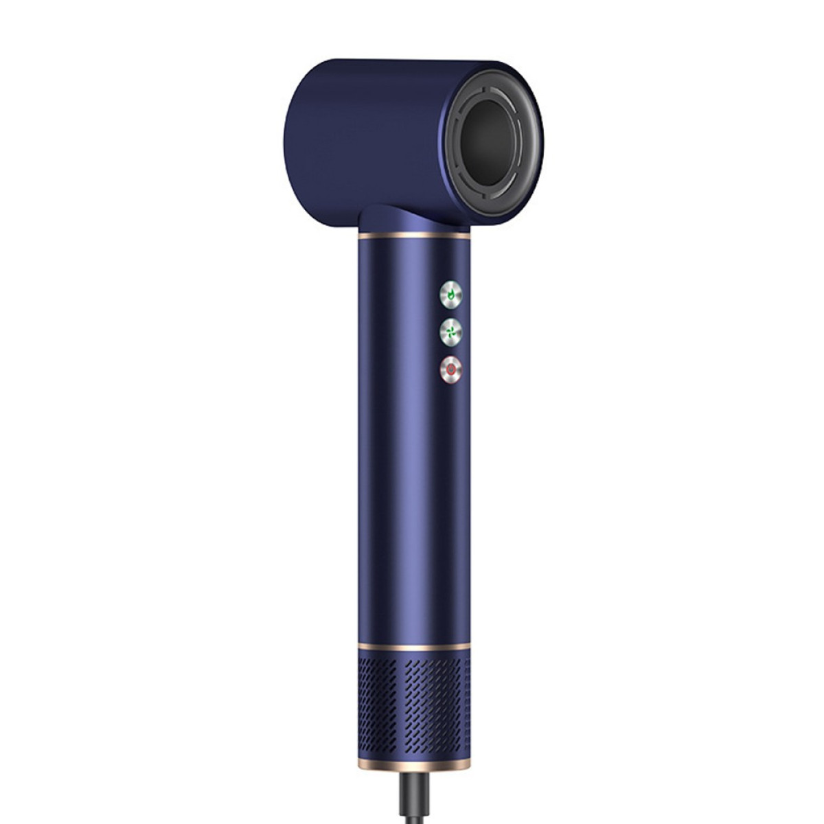 Asciugacapelli blu scuro con accenti argentati e pulsanti di controllo.