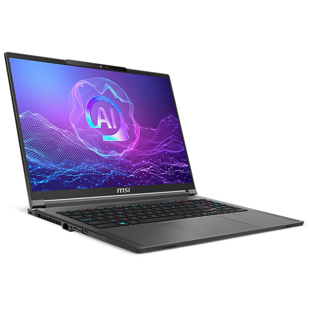 Un laptop MSI grigio aperto con logo AI sullo schermo e tastiera retroilluminata.