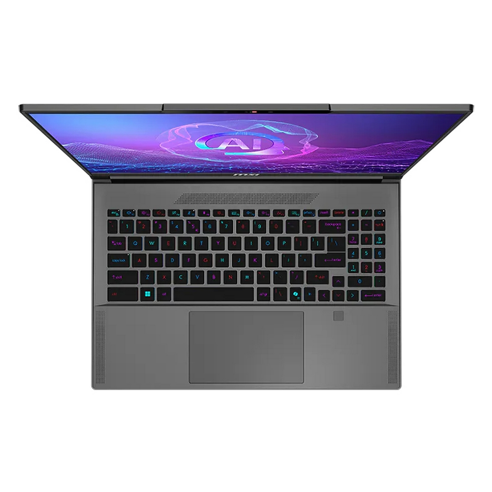Un laptop grigio aperto con tastiera retroilluminata e logo AI sullo schermo.