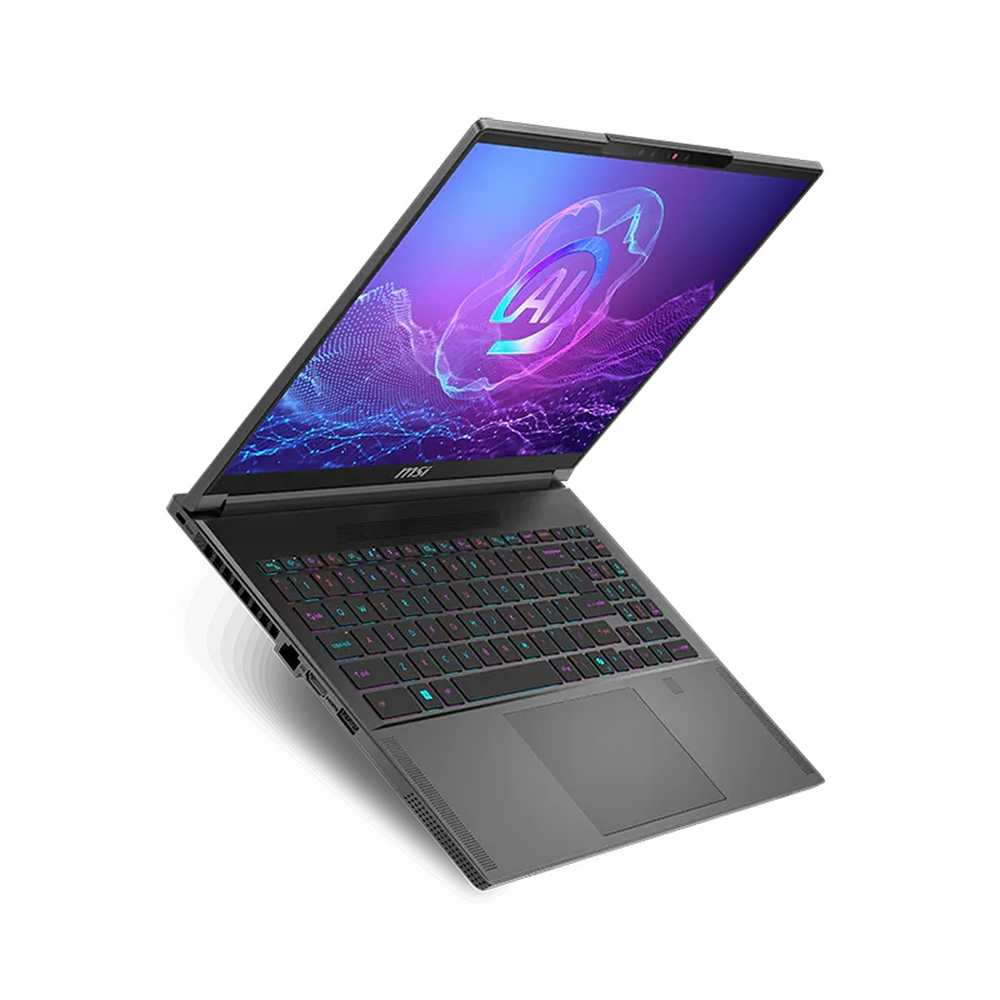 Un laptop MSI grigio scuro con un logo AI colorato sullo schermo, aperto su sfondo bianco.