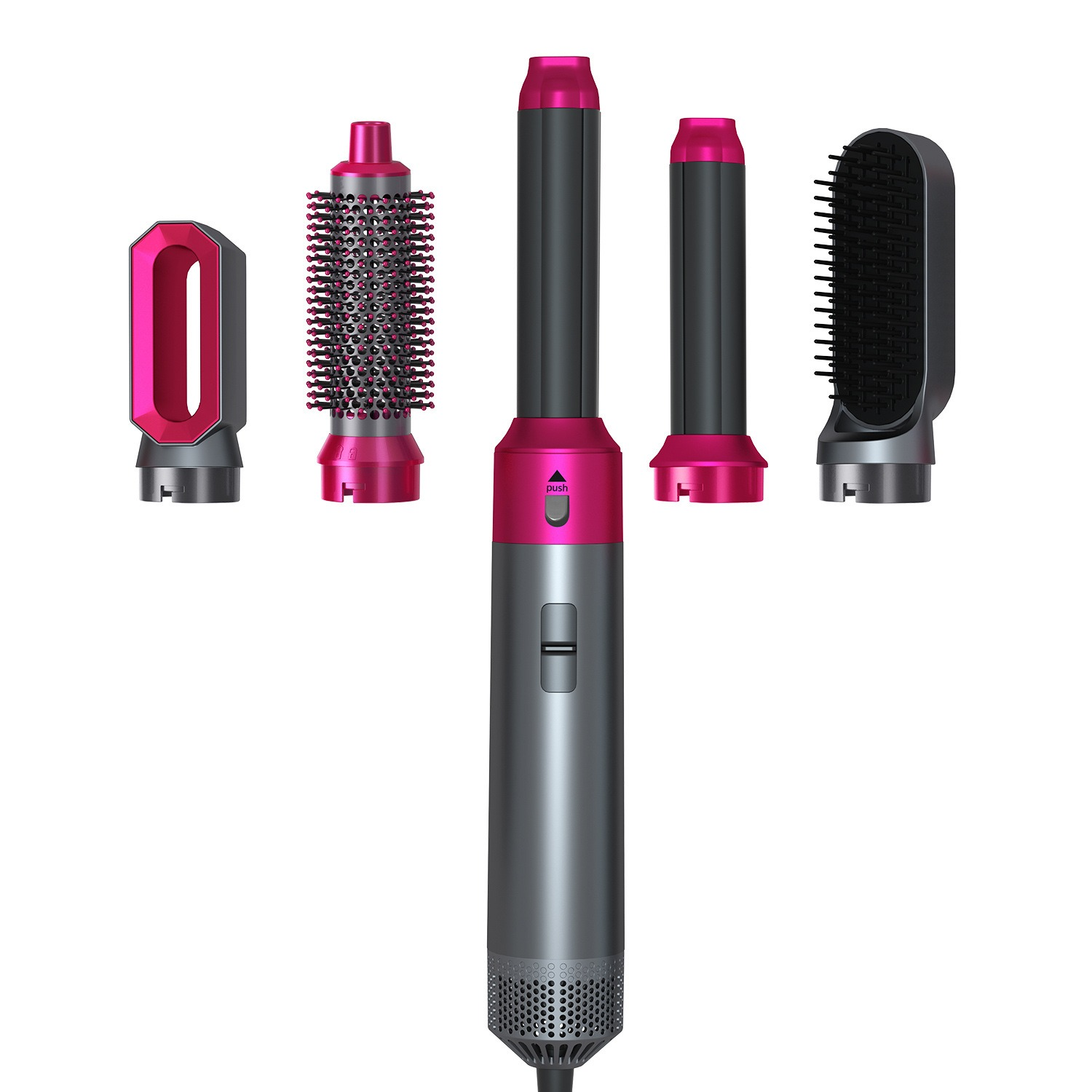 Ein grauer und pinker Haarstyler mit mehreren Aufsätzen auf weißem Hintergrund.