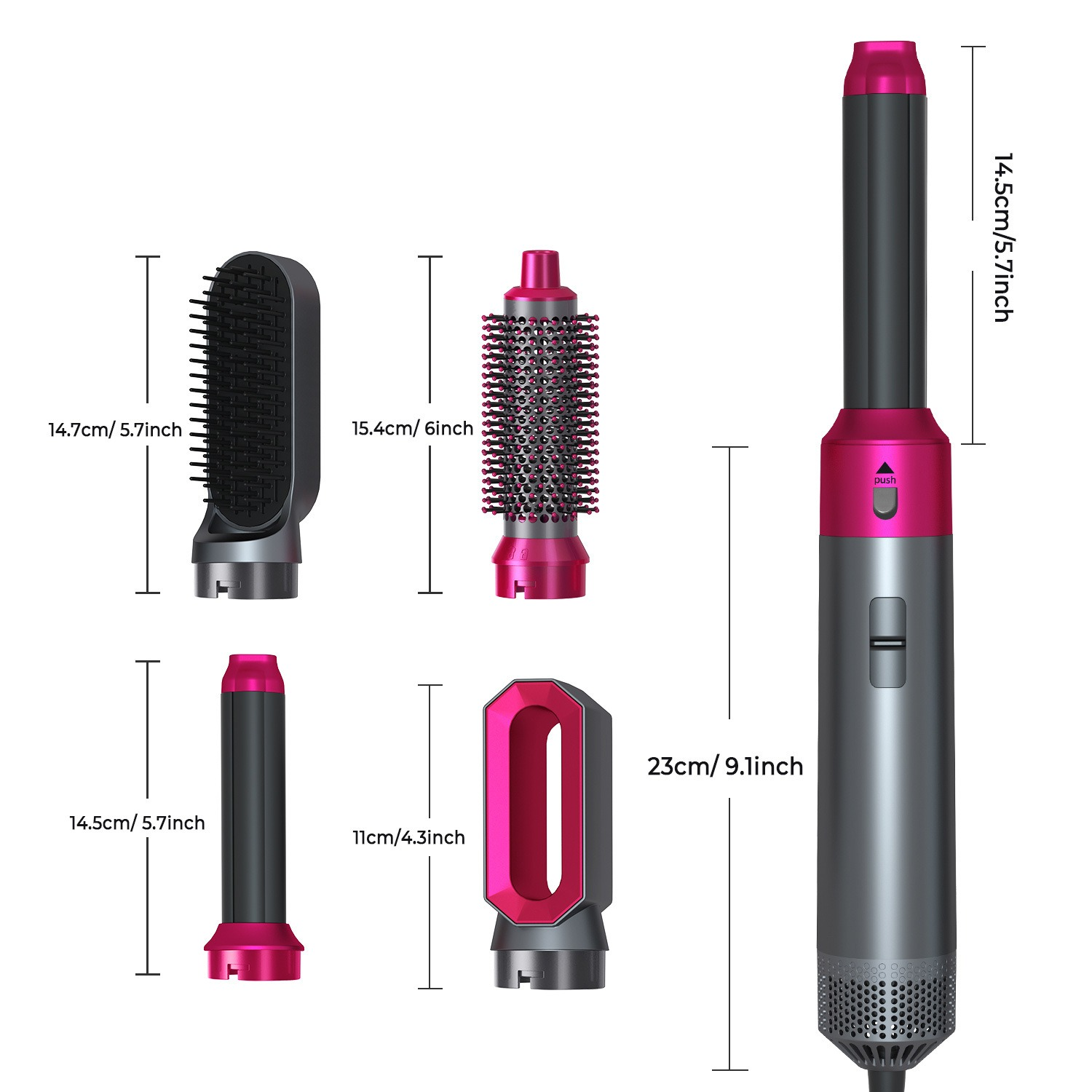 Ein silberner und pinker Haartrockner mit fünf Aufsätzen und Maßangaben.