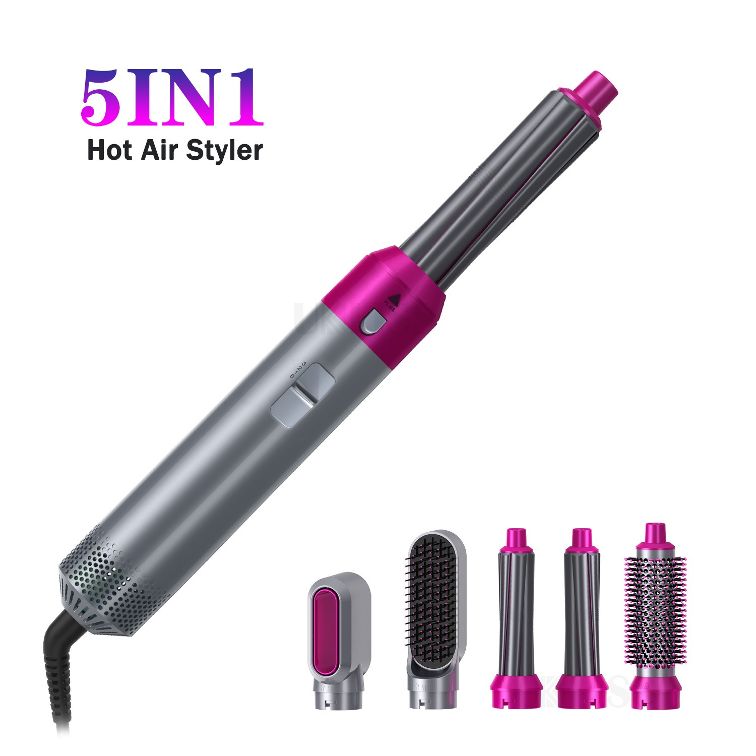Ein 5-in-1-Heißluftstyler mit silbernem Griff und pinken Akzenten, mit Zubehörteilen.