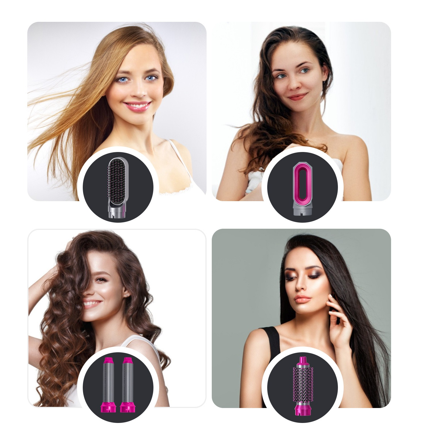 Vier Frauen mit unterschiedlichen Frisuren und Haarpflegegeräten.