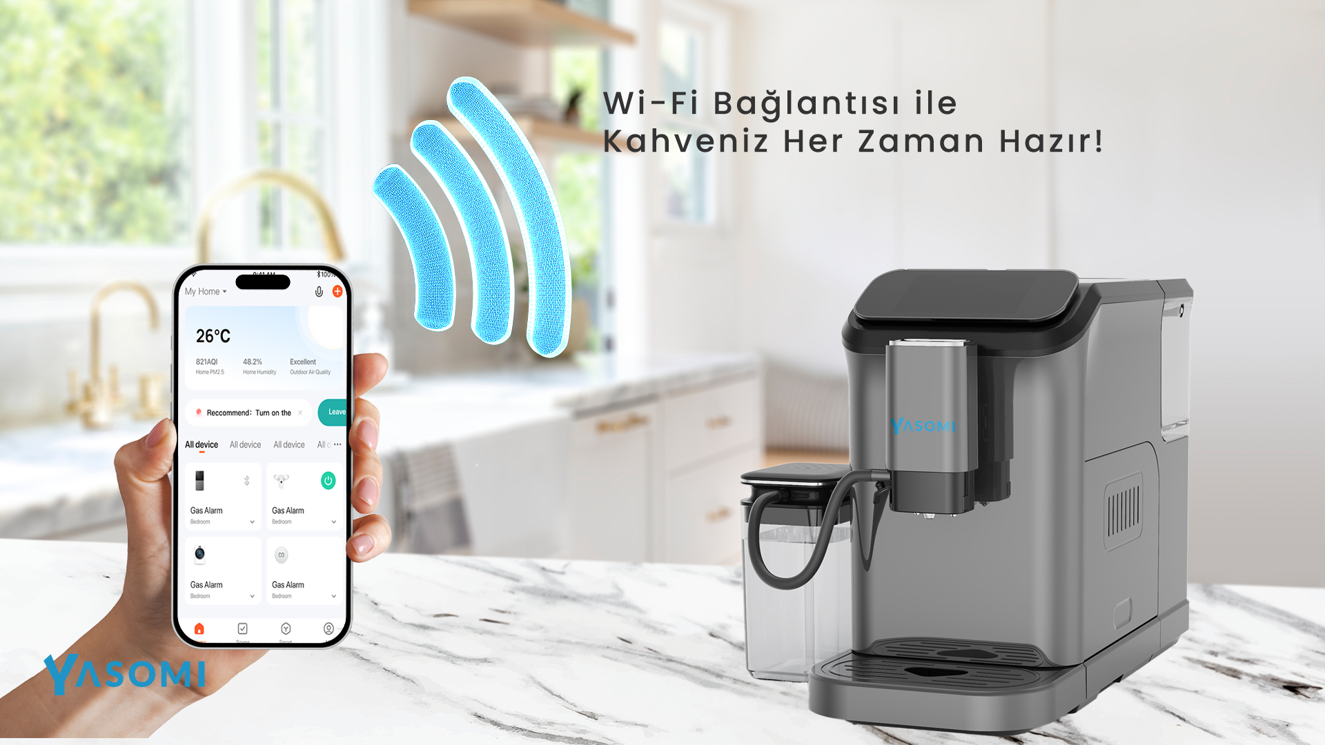 Akıllı telefon, kahve makinesinin yanında bir akıllı ev uygulaması gösteriyor.