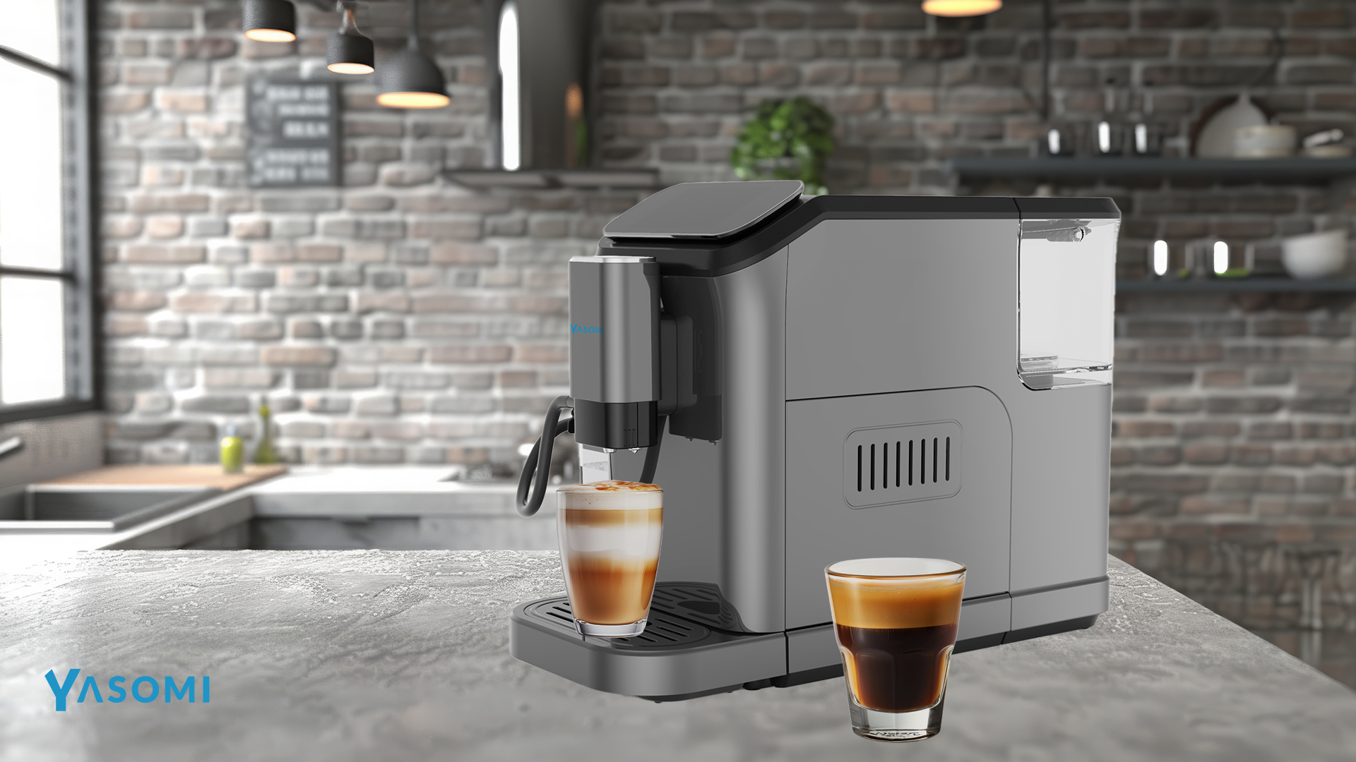 Tezgah üzerinde modern gri espresso makinesi, iki bardak kahve ile.