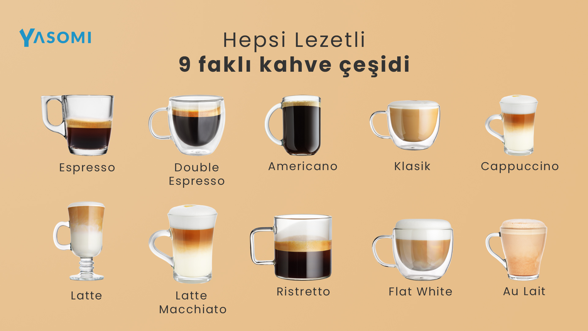 Dokuz çeşit kahve: Espresso, Çift Espresso, Americano, Klasik, Cappuccino, Latte, Latte Macchiato, Ristretto, Sütlü Kahve.