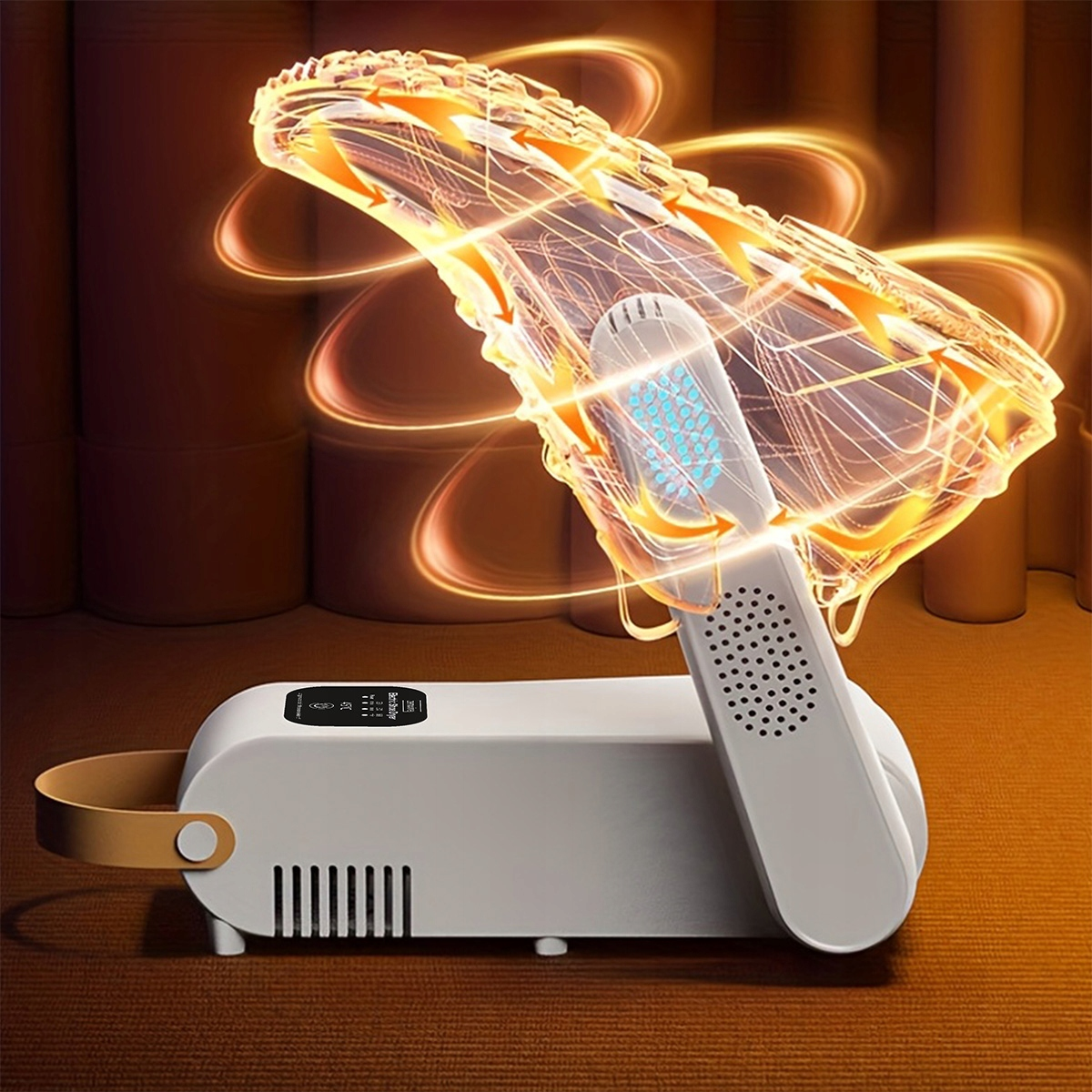 Biała suszarka do butów z cyrkulacją gorącego powietrza, na dywanie.