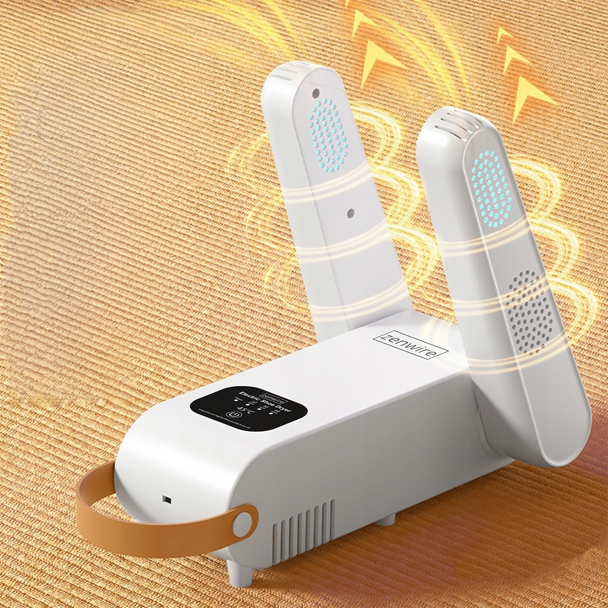 Biała elektryczna suszarka do butów z dwoma otworami wentylacyjnymi na teksturowanej macie.