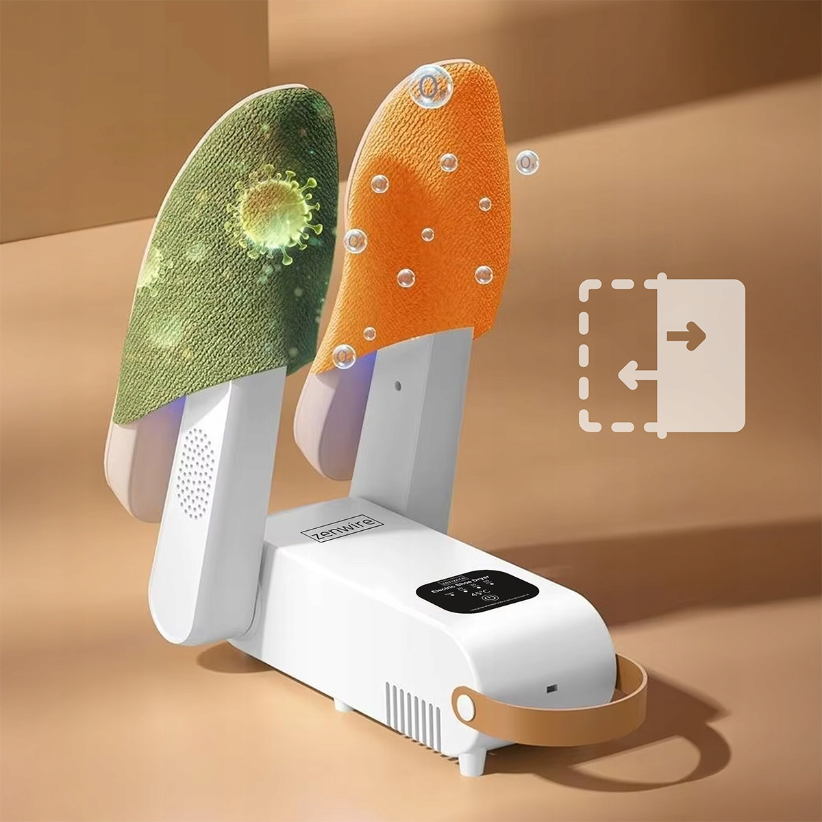 Biała suszarka do butów/wkładek z dwoma ramionami, jedno ramię jest zielone, drugie pomarańczowe.