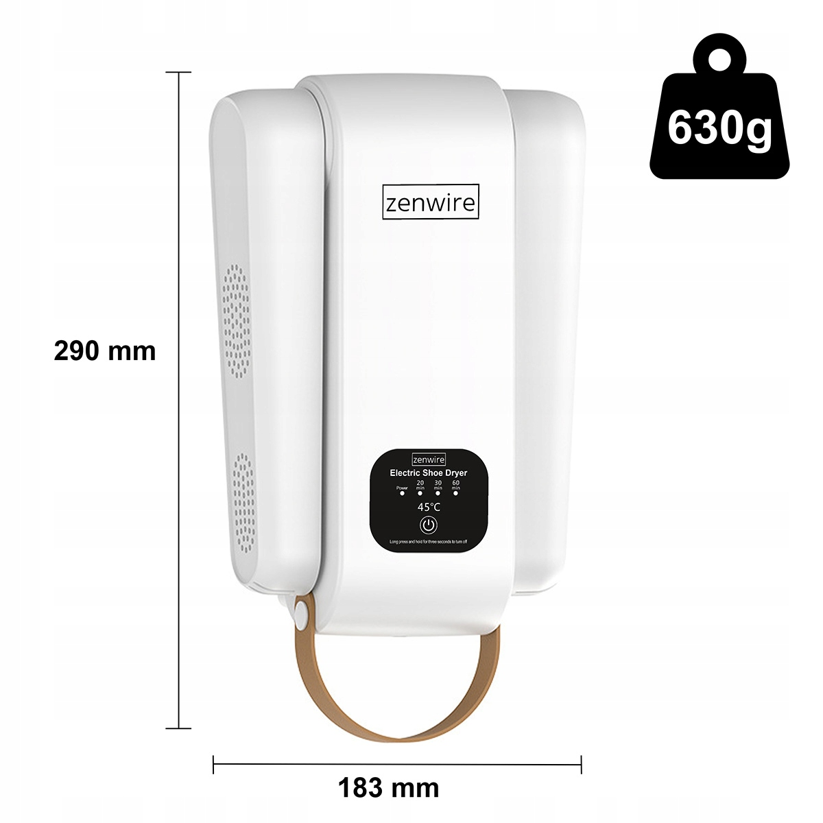 Biała elektryczna suszarka do butów Zenwire, 290mm wysokości, 183mm szerokości, waży 630g.